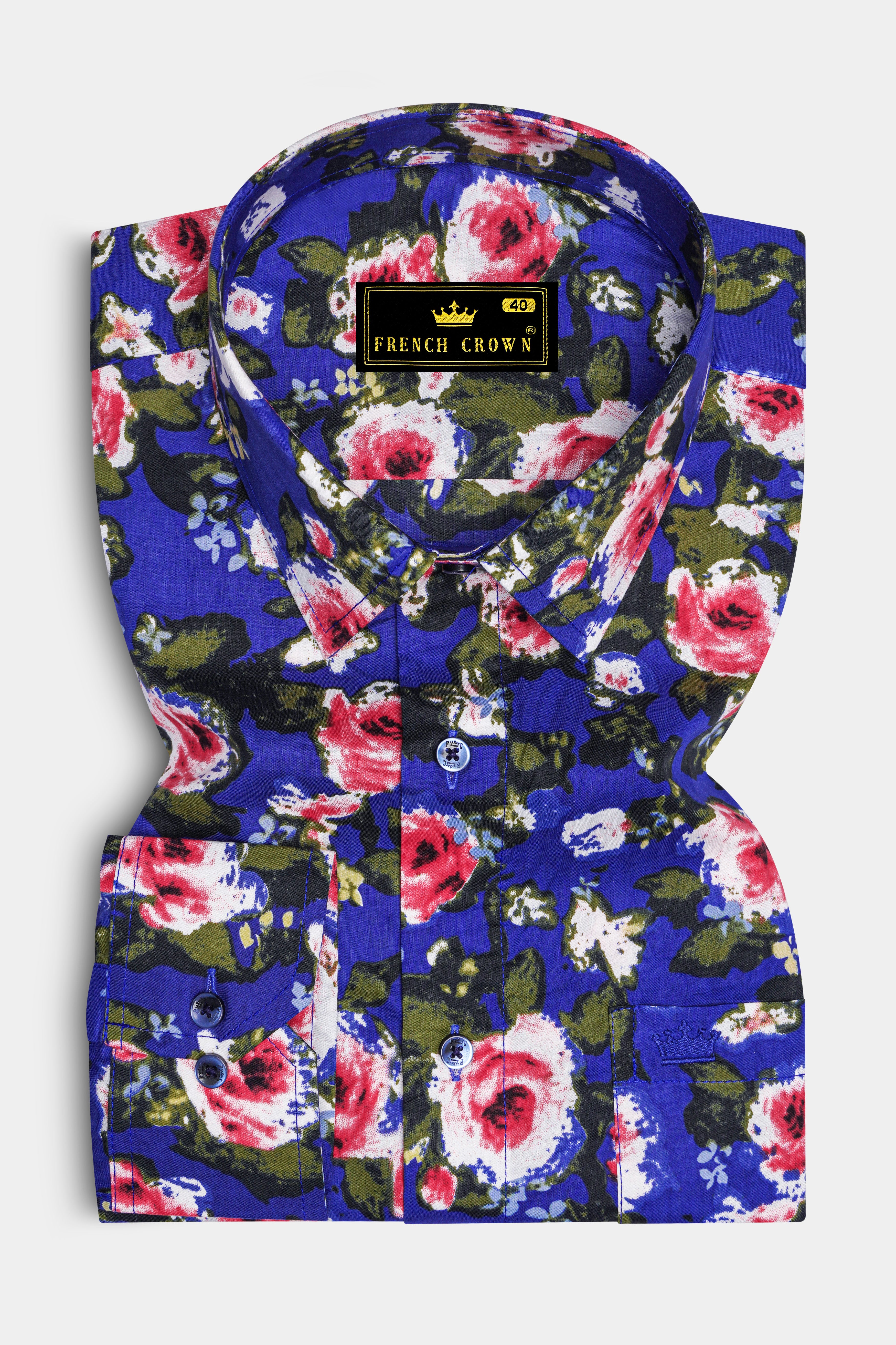 Medium Slate Blue Floral Printed Premium Cotton Shirt
