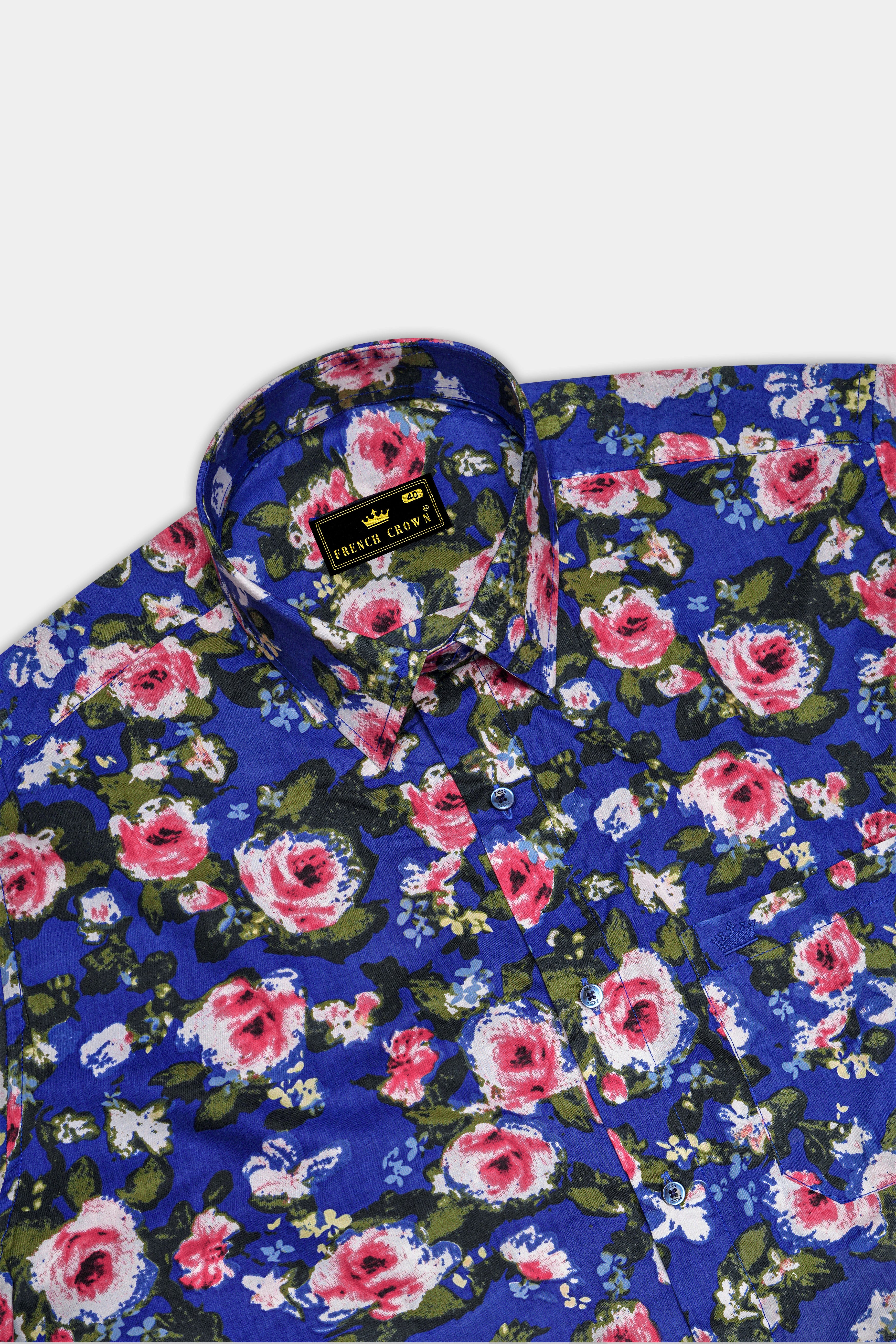 Medium Slate Blue Floral Printed Premium Cotton Shirt