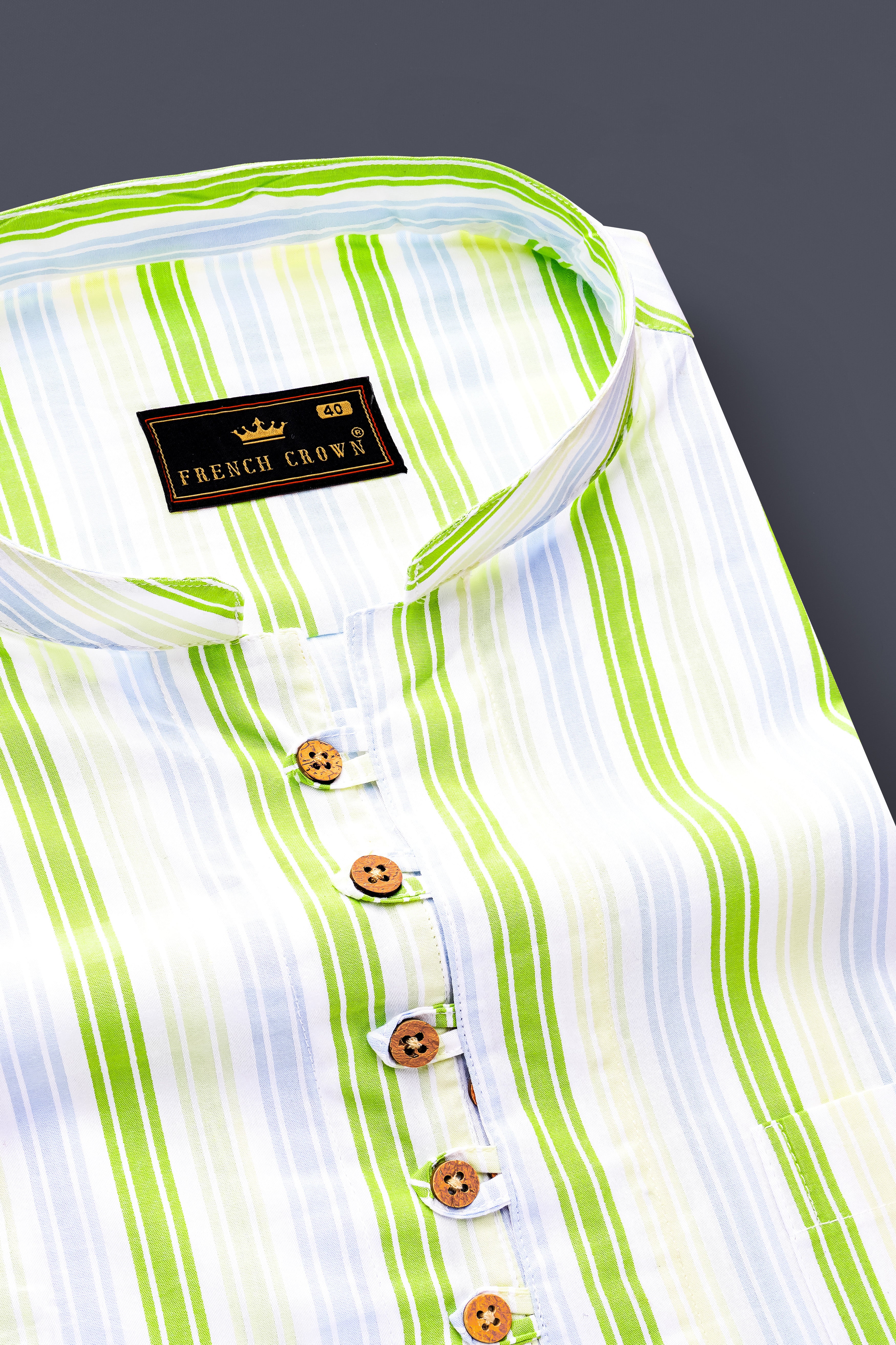 Conifer Green and Bright White Striped Dobby Textured Premium Giza Cotton Kurta Shirt