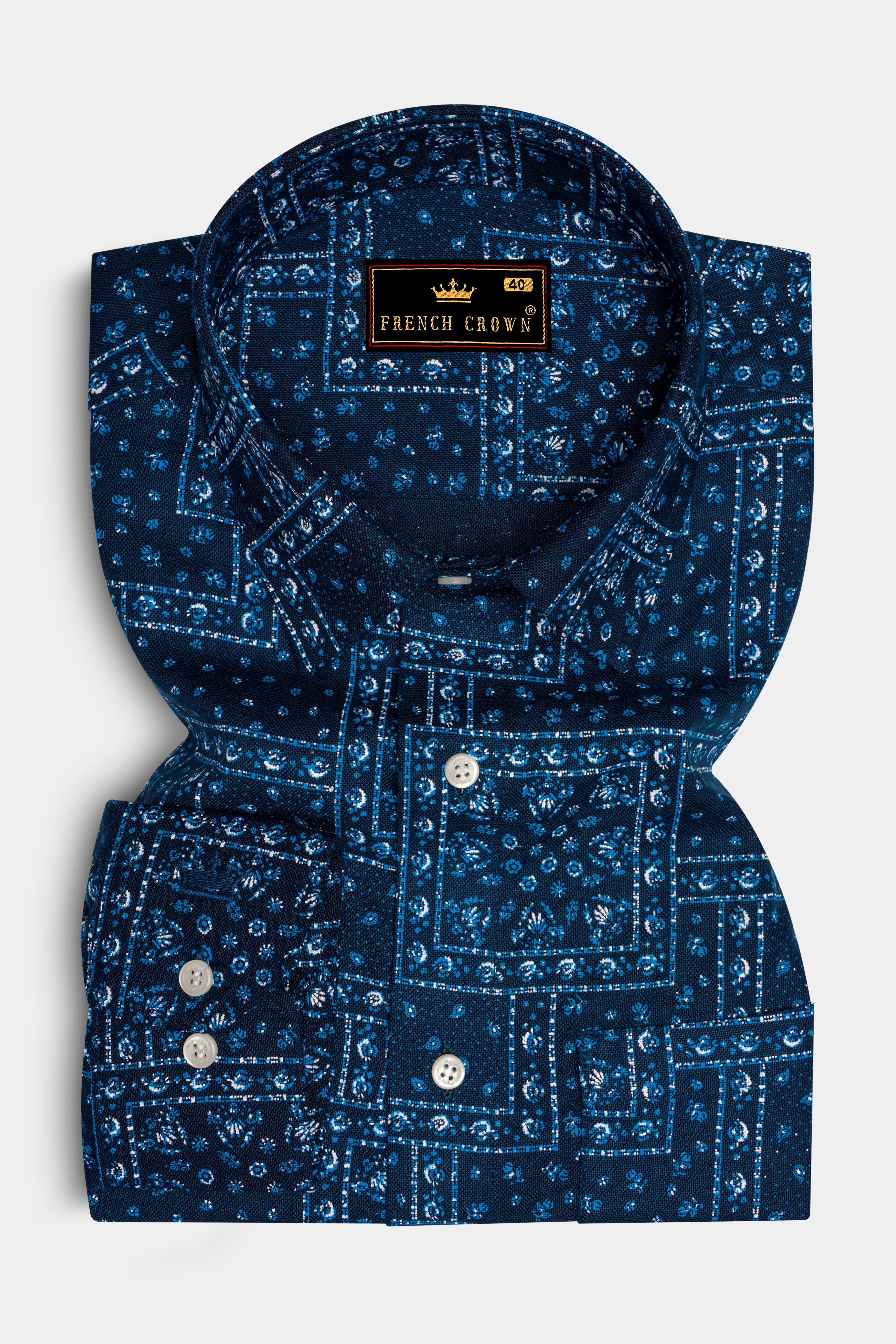 Sapphire Blue Boho Printed Luxurious Linen Shirt