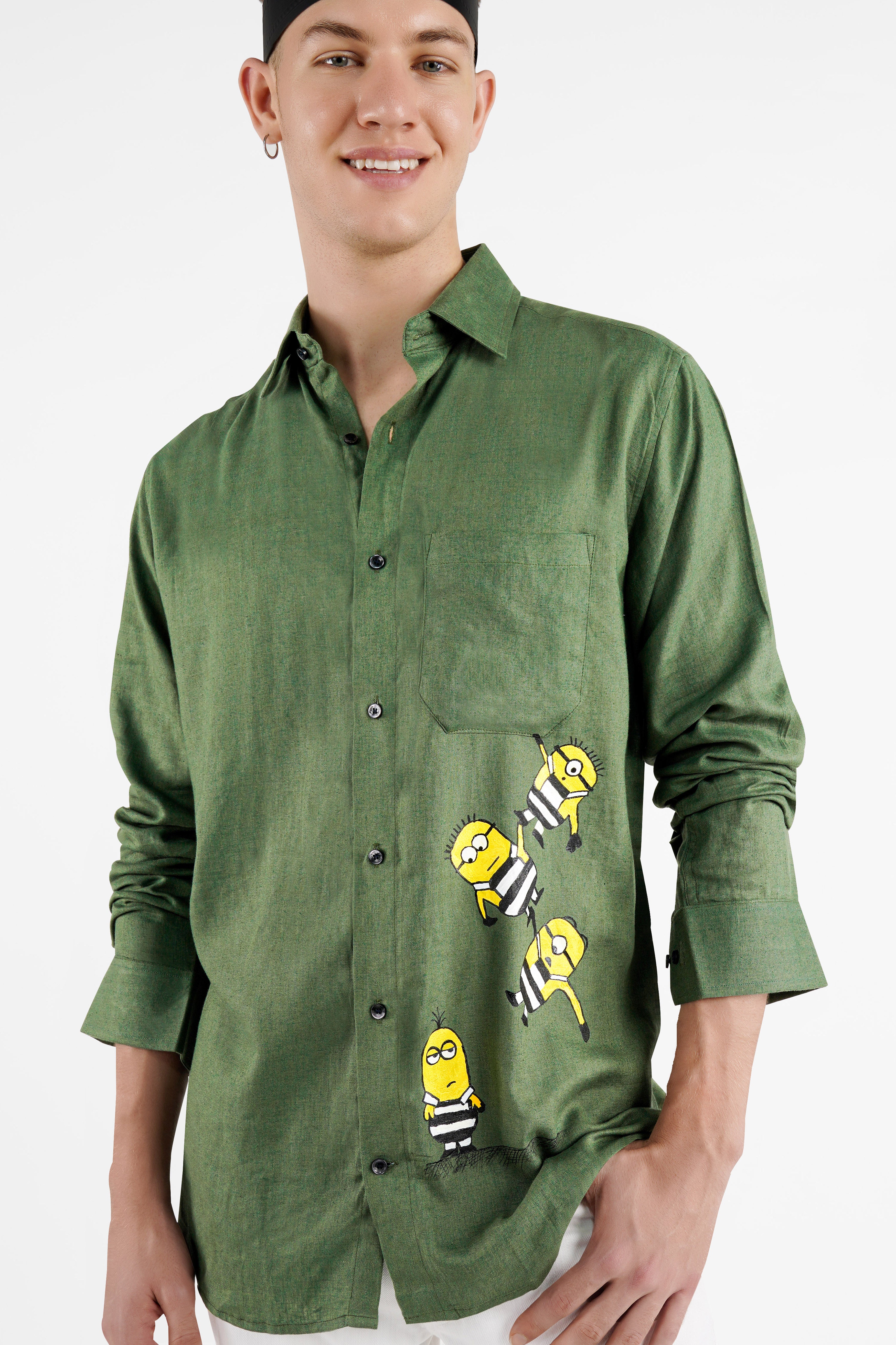 Finch Green Minion Hand Painted Luxurious Linen Designer Shirt