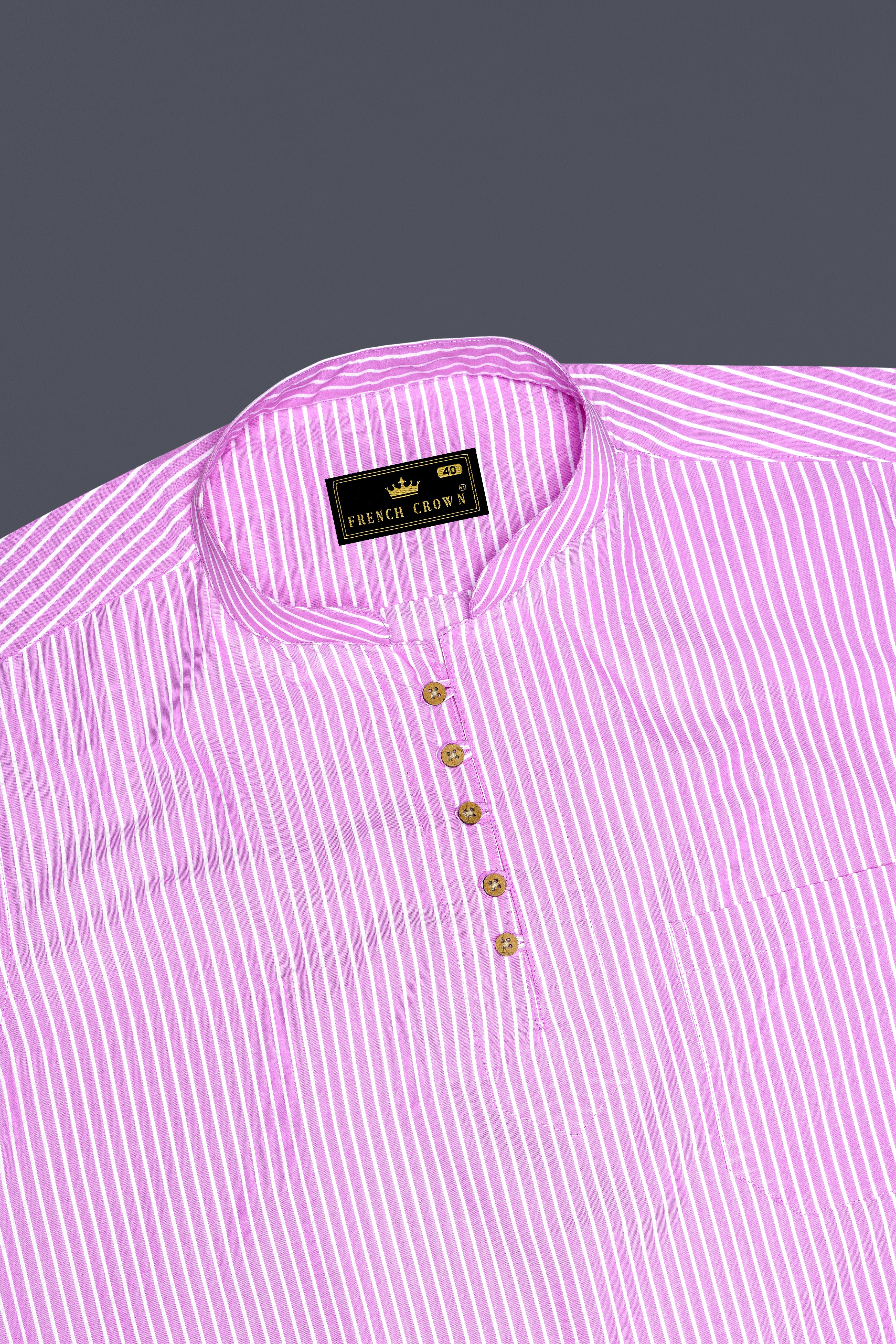 Melanie Pink With White Striped Seersucker Giza Cotton Kurta Shirt