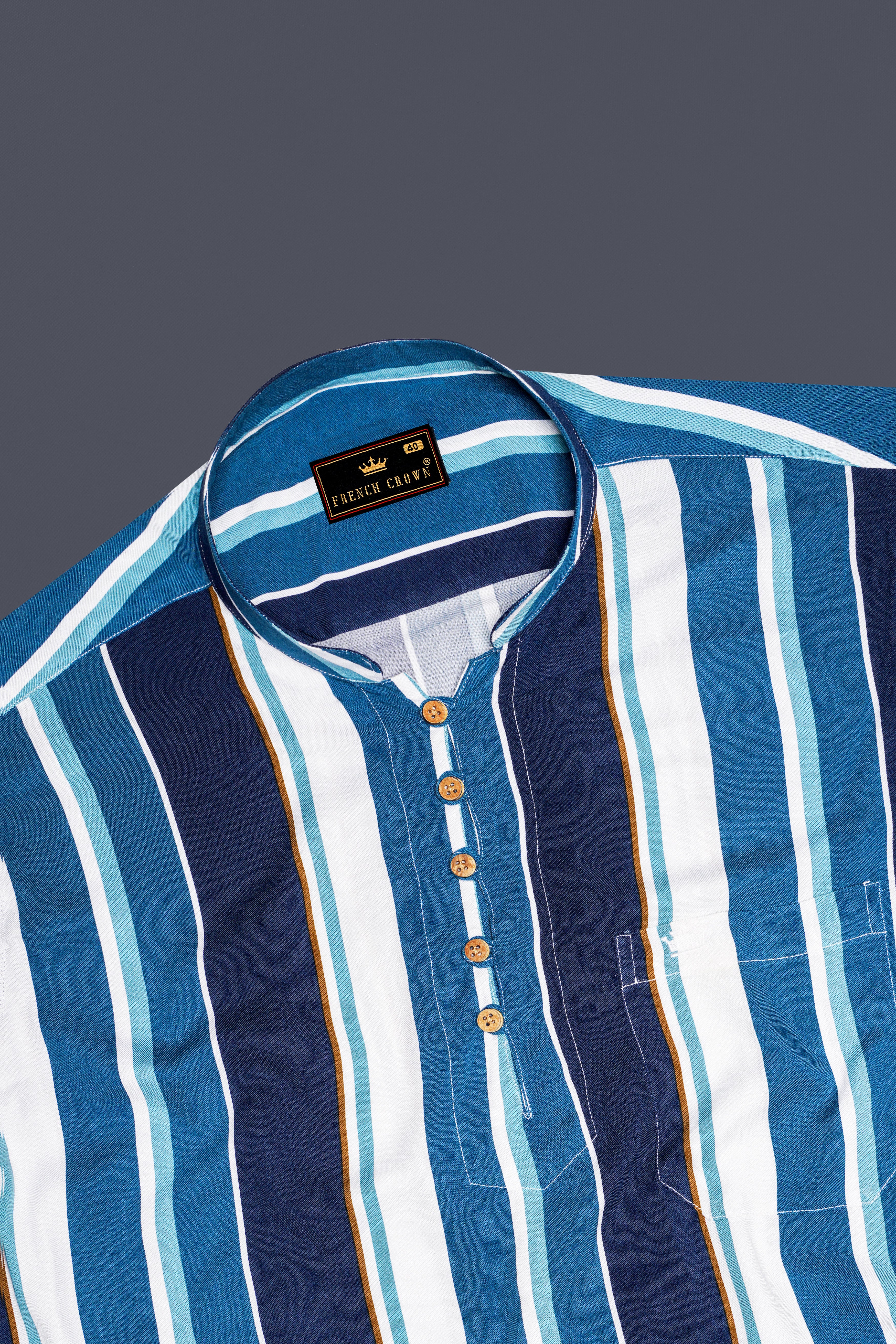 Bright White with Shakespeare Blue and Cyprus Blue Striped Premium Tencel Kurta Shirt
