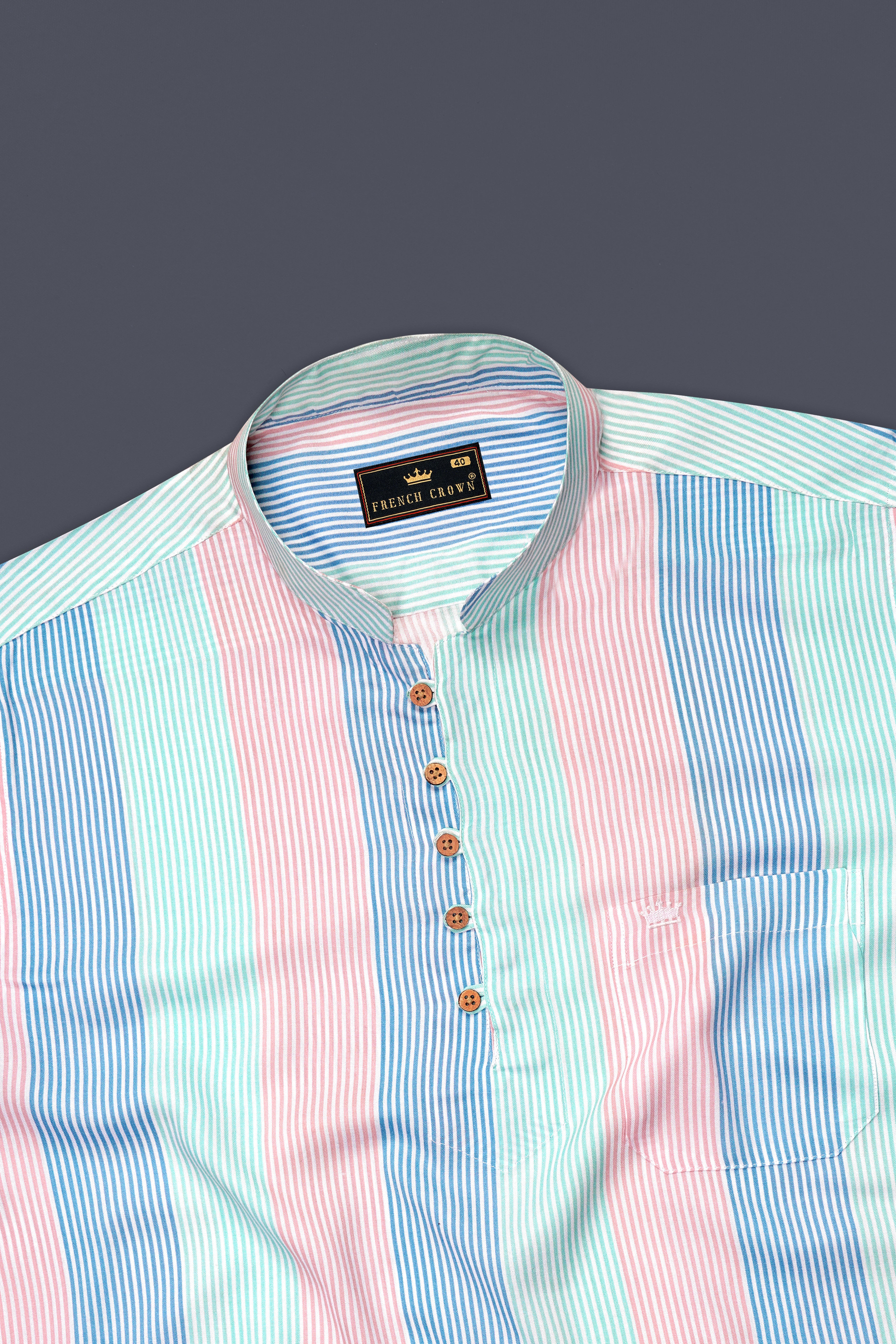 Blossom Pink with Glacier Blue and Riptide Green Pinstriped Premium Tencel Kurta Shirt