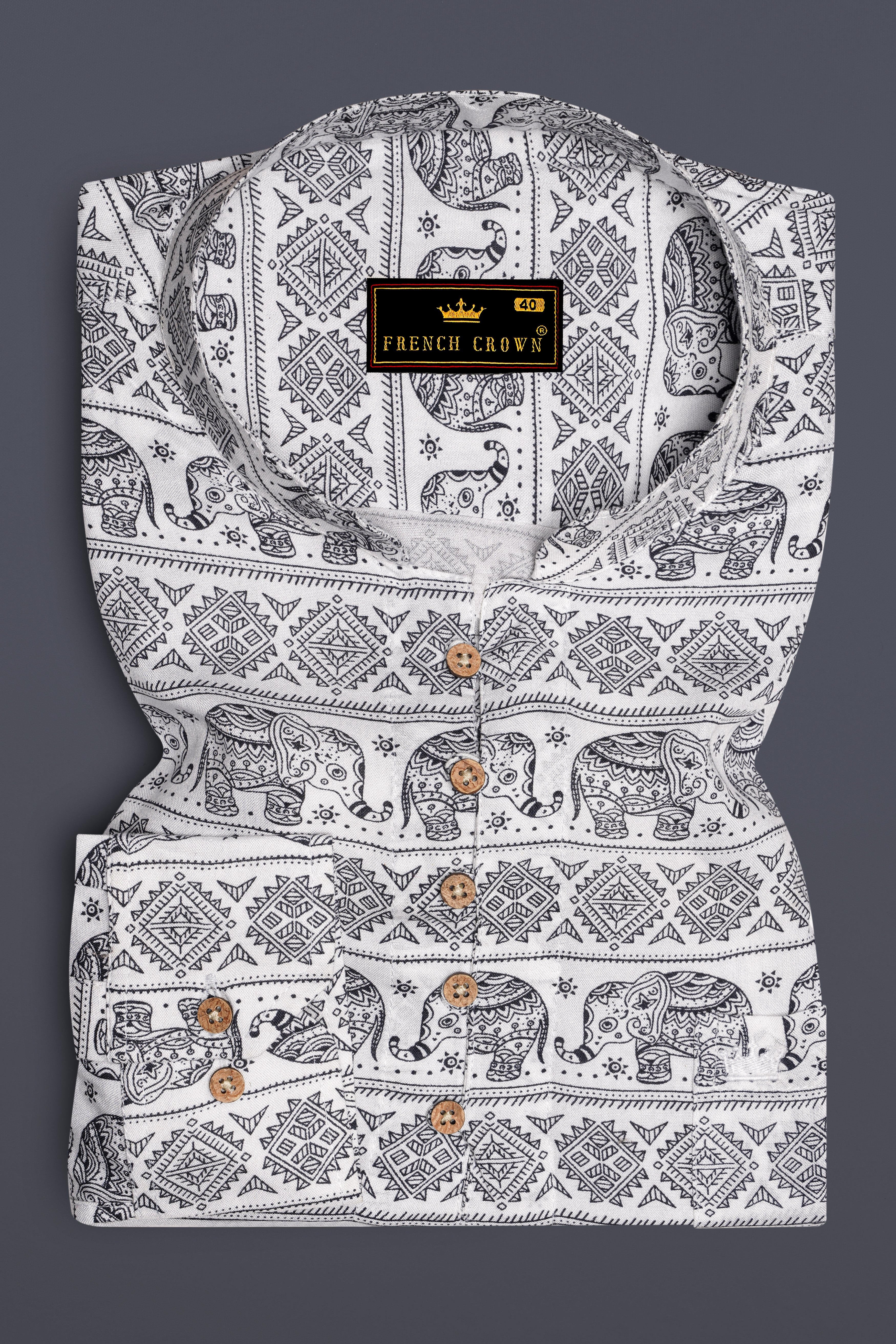 Bright White and Black Tribal Printed Premium Tencel Kurta Shirt