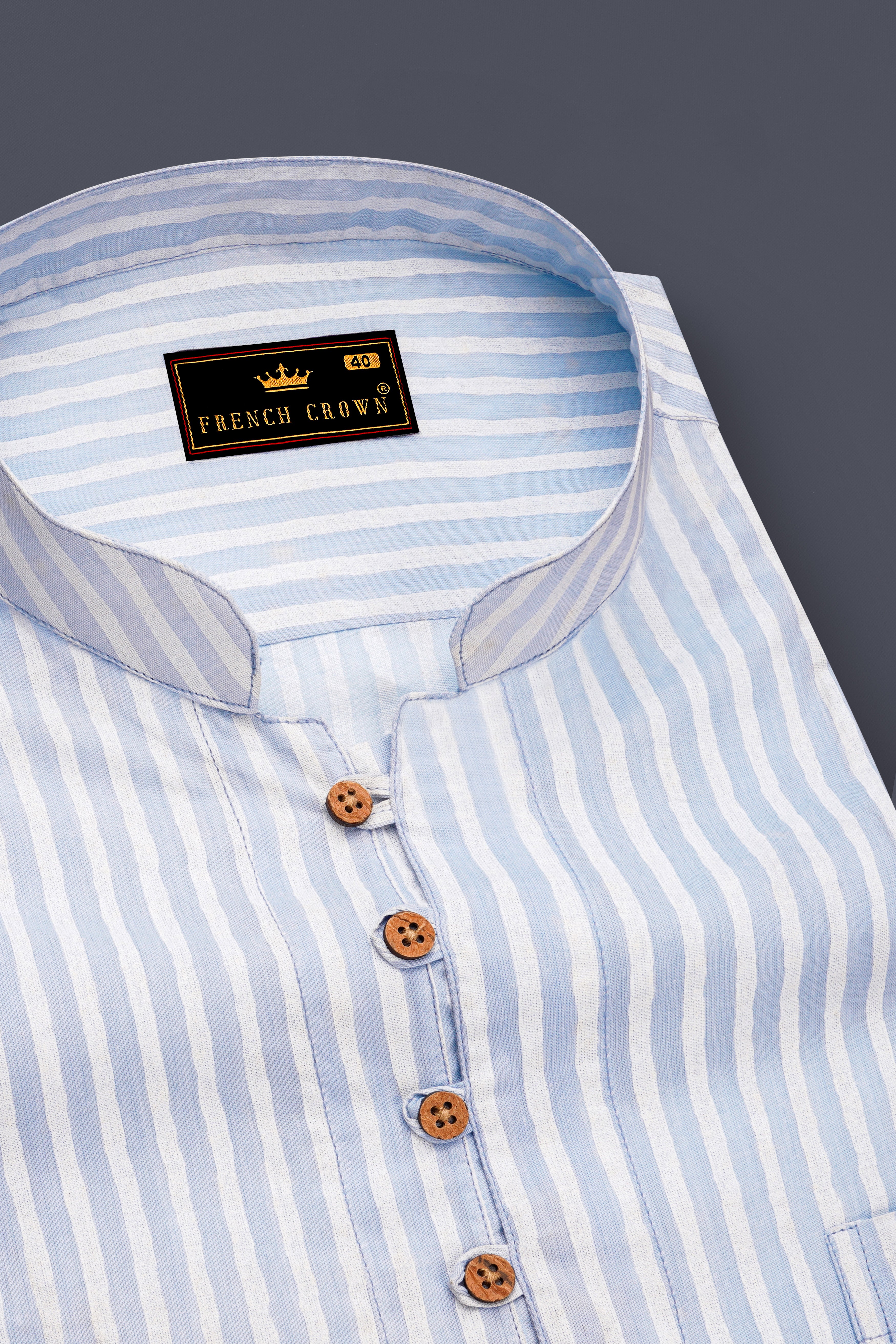 Heather Blue and White Striped Premium Cotton Kurta Shirt