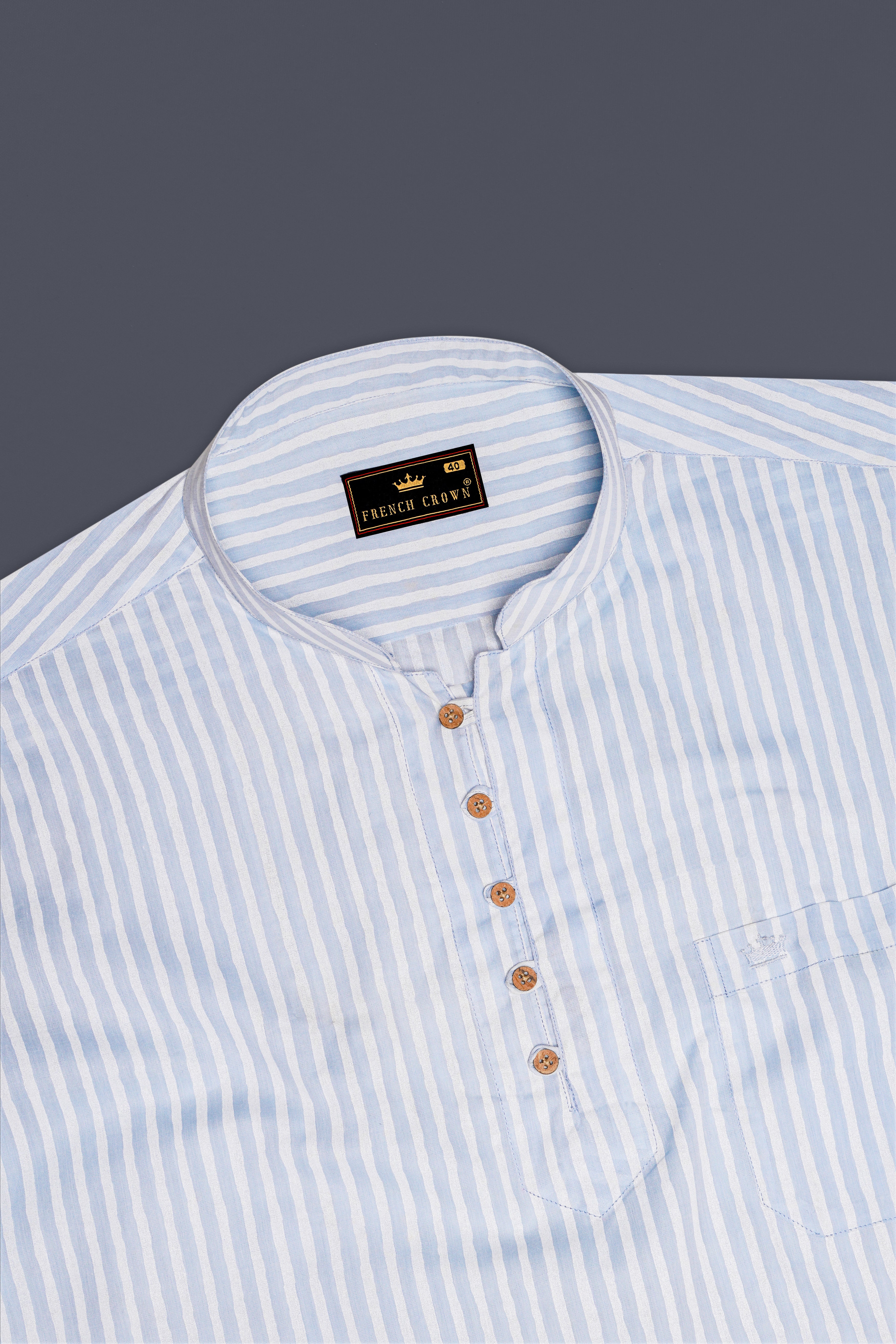 Heather Blue and White Striped Premium Cotton Kurta Shirt