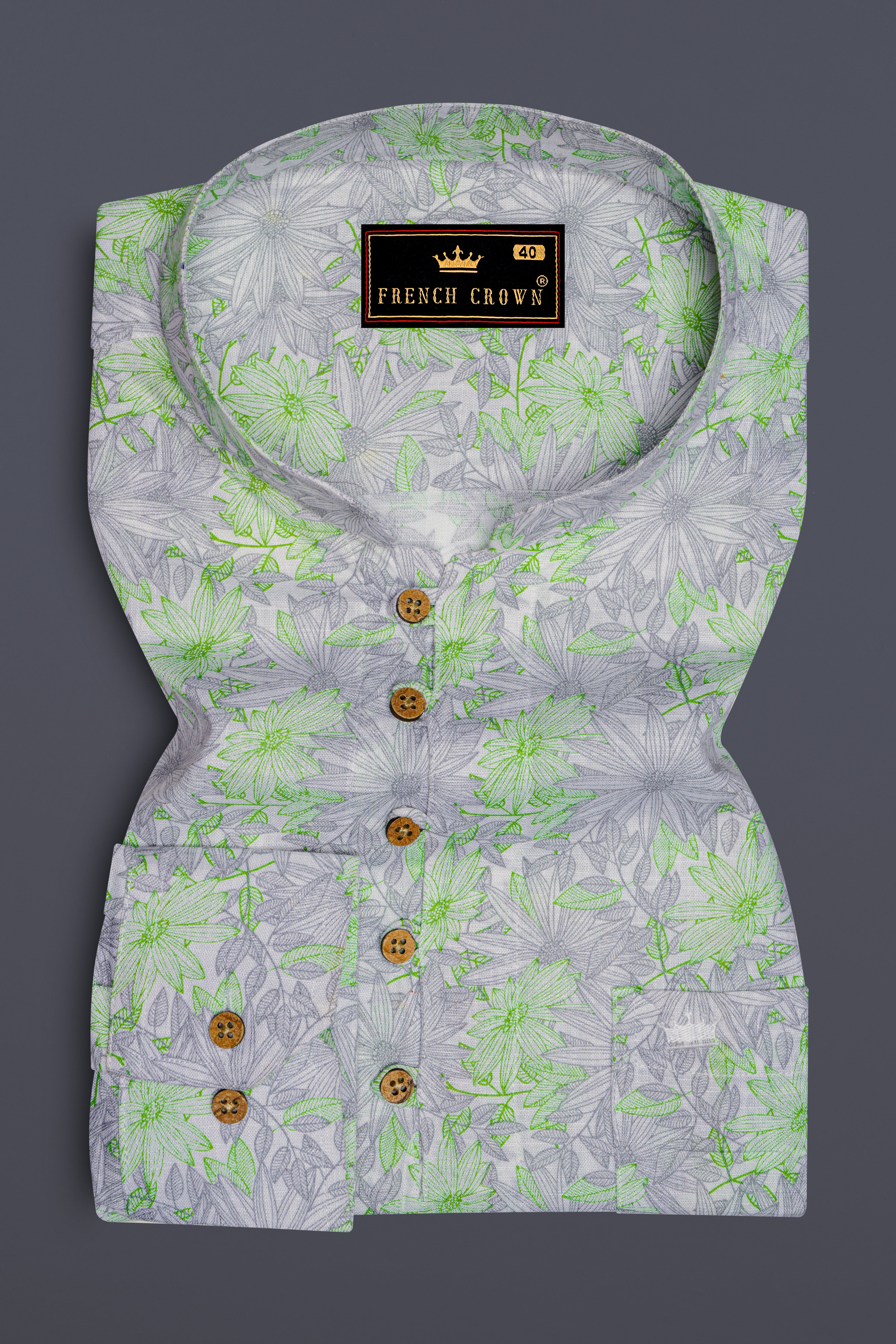 Olivine Green With White Floral Printed Luxurious Linen Kurta Shirt