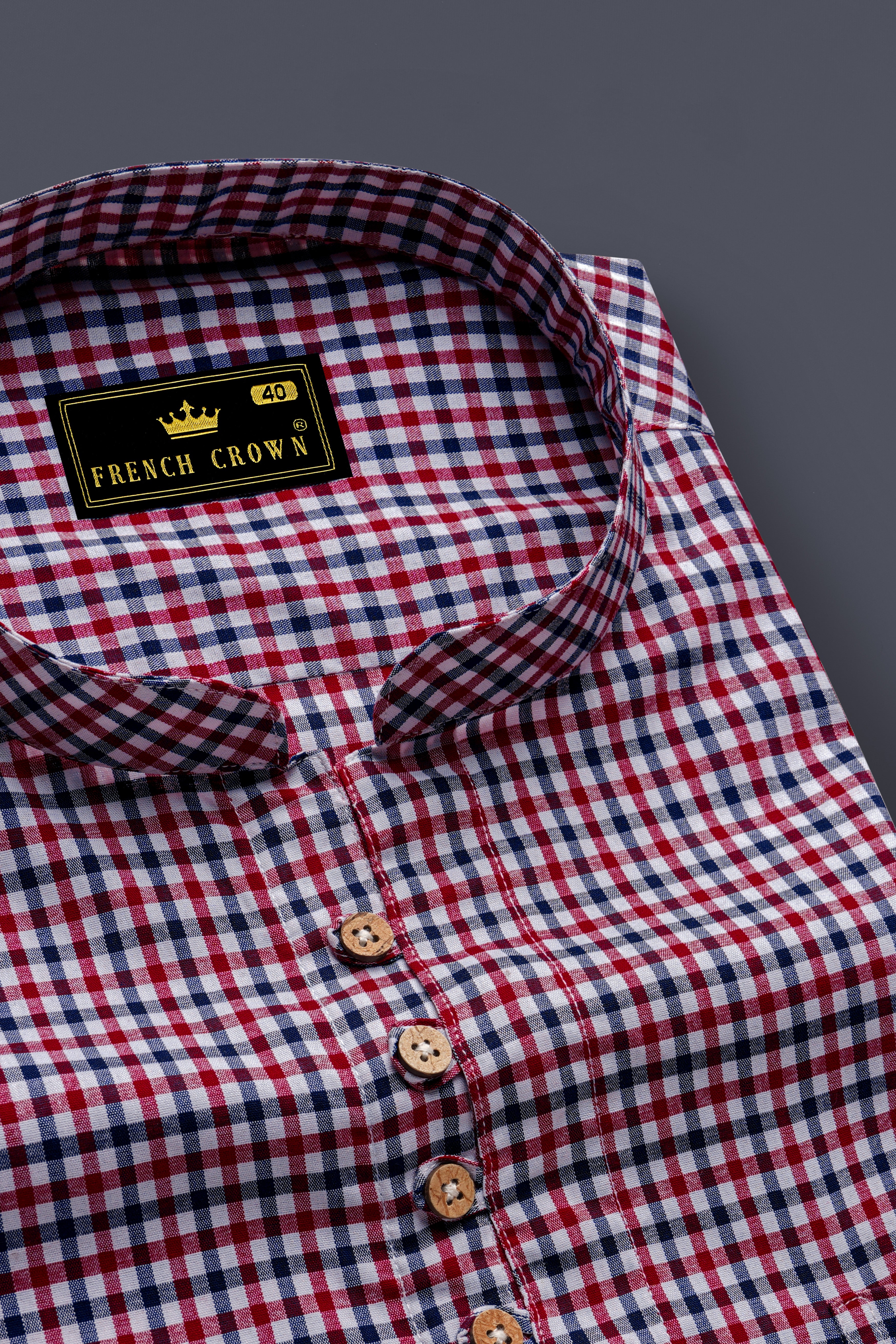 Deep Carmine Red and Tuna Blue Plaid Royal Oxford Kurta Shirt