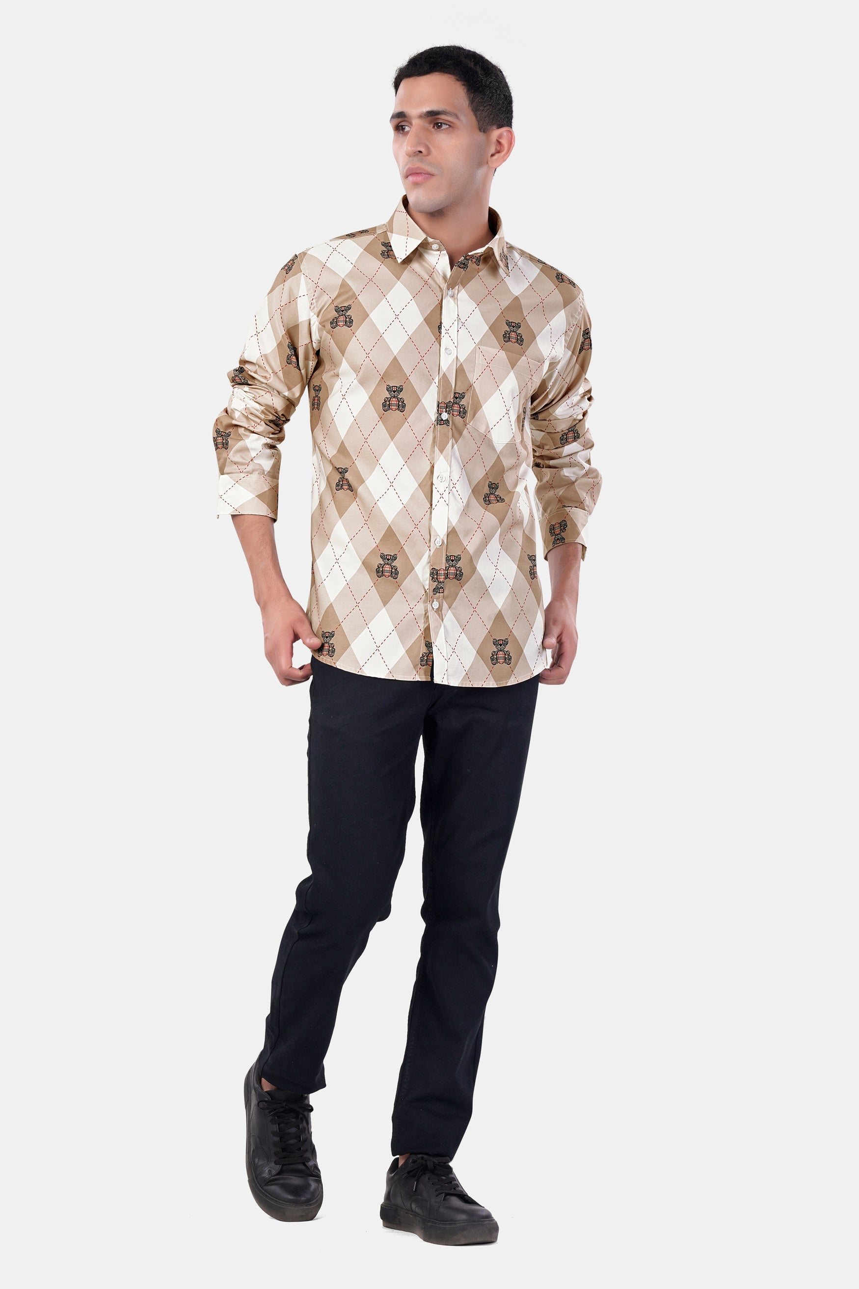 7swords-Beaver Brown and White Geometric with Teddy Bear Printed Premium Cotton Shirt 7S-120-38, 7S-120-H-38, 7S-120-39, 7S-120-H-39, 7S-120-40, 7S-120-H-40, 7S-120-42, 7S-120-H-42, 7S-120-44, 7S-120-H-44, 7S-120-46, 7S-120-H-46, 7S-120-48, 7S-120-H-48, 7S-120-50, 7S-120-H-50, 7S-120-52, 7S-120-H-52