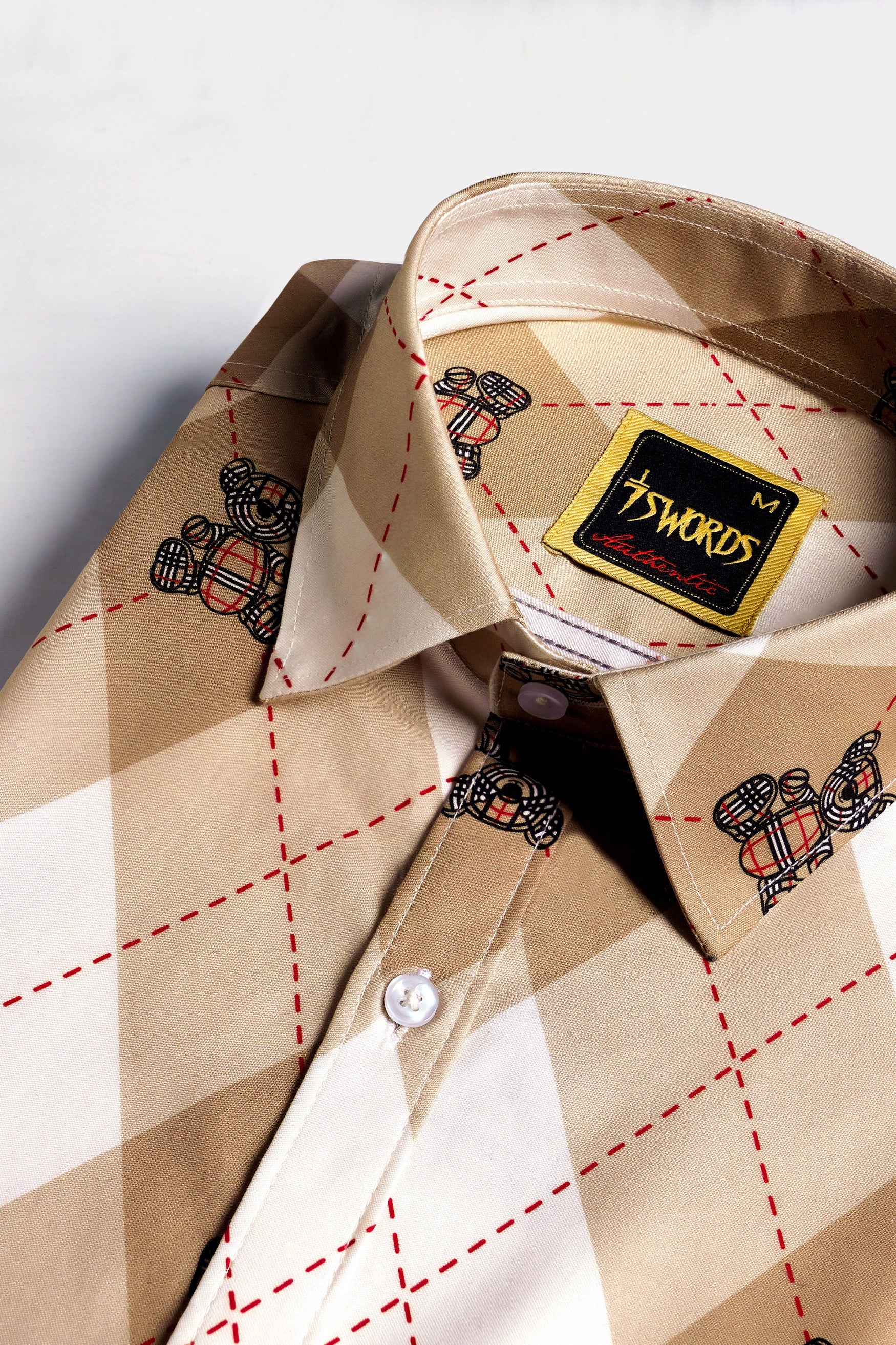 7swords-Beaver Brown and White Geometric with Teddy Bear Printed Premium Cotton Shirt 7S-120-38, 7S-120-H-38, 7S-120-39, 7S-120-H-39, 7S-120-40, 7S-120-H-40, 7S-120-42, 7S-120-H-42, 7S-120-44, 7S-120-H-44, 7S-120-46, 7S-120-H-46, 7S-120-48, 7S-120-H-48, 7S-120-50, 7S-120-H-50, 7S-120-52, 7S-120-H-52