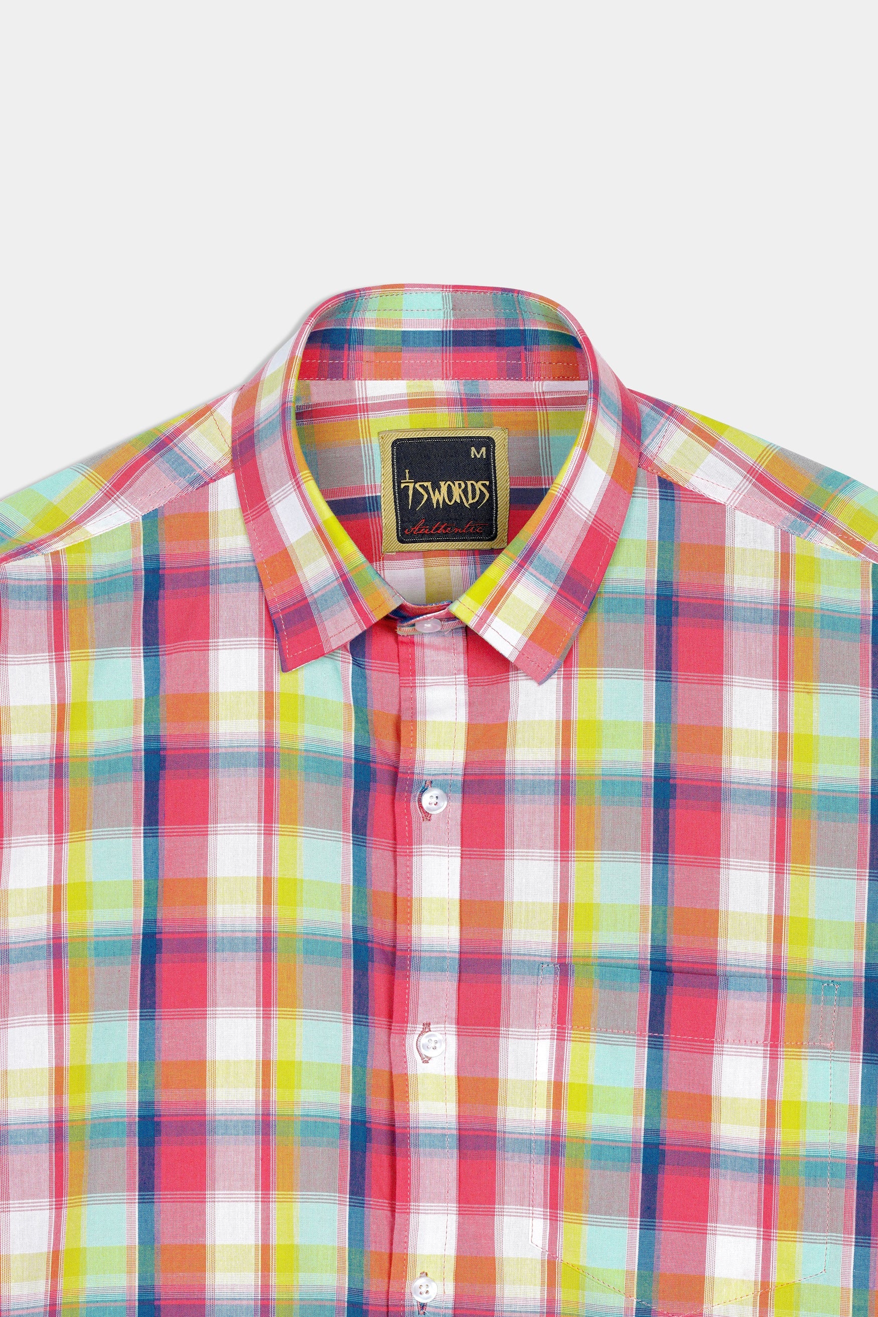 7swords-Mandy Pink with Sienna Orange and Glacier Blue Plaid Premium Cotton Shirt 7S-125-38, 7S-125-H-38, 7S-125-39, 7S-125-H-39, 7S-125-40, 7S-125-H-40, 7S-125-42, 7S-125-H-42, 7S-125-44, 7S-125-H-44, 7S-125-46, 7S-125-H-46, 7S-125-48, 7S-125-H-48, 7S-125-50, 7S-125-H-50, 7S-125-52, 7S-125-H-52