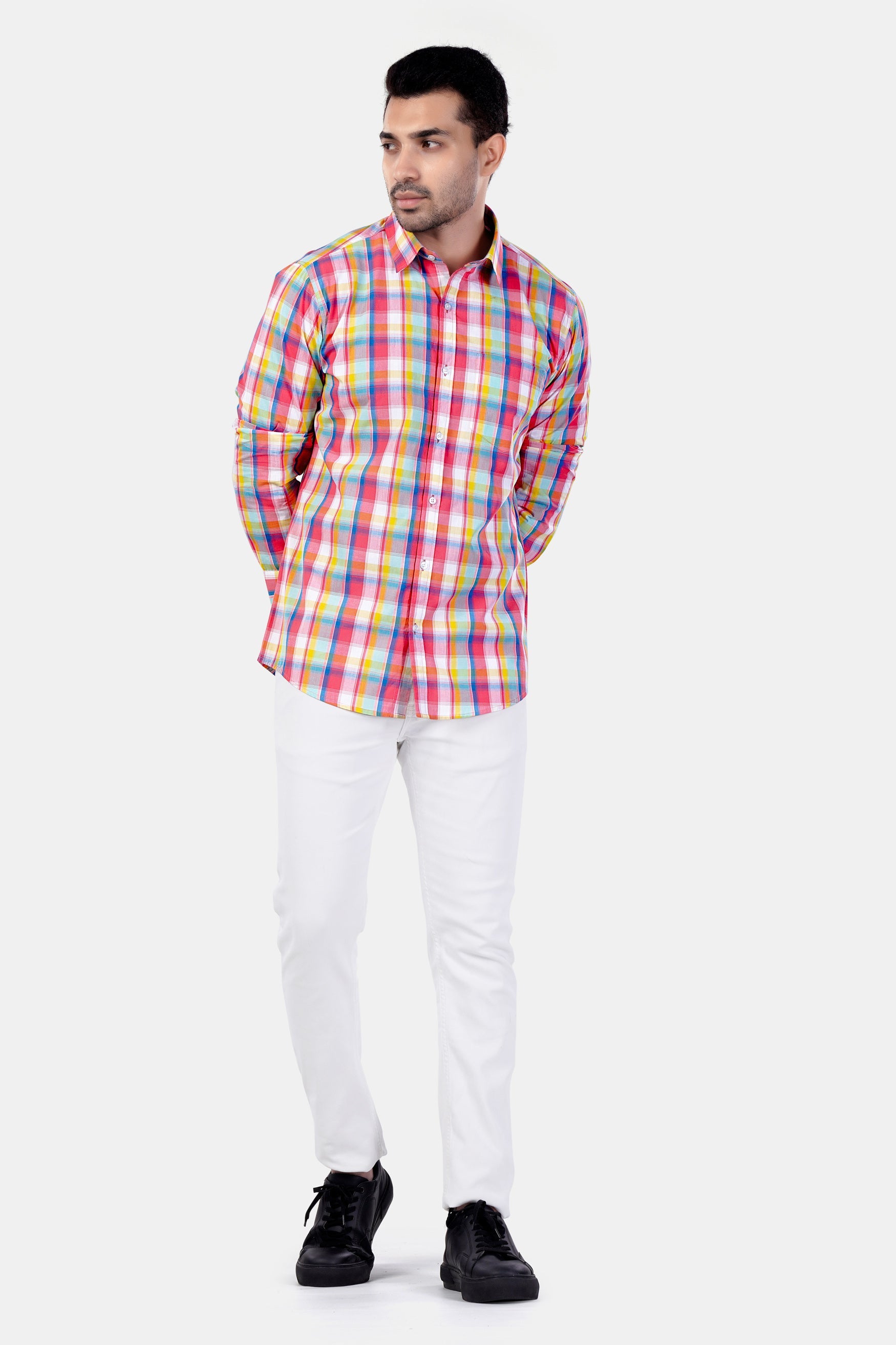 7swords-Mandy Pink with Sienna Orange and Glacier Blue Plaid Premium Cotton Shirt 7S-125-38, 7S-125-H-38, 7S-125-39, 7S-125-H-39, 7S-125-40, 7S-125-H-40, 7S-125-42, 7S-125-H-42, 7S-125-44, 7S-125-H-44, 7S-125-46, 7S-125-H-46, 7S-125-48, 7S-125-H-48, 7S-125-50, 7S-125-H-50, 7S-125-52, 7S-125-H-52