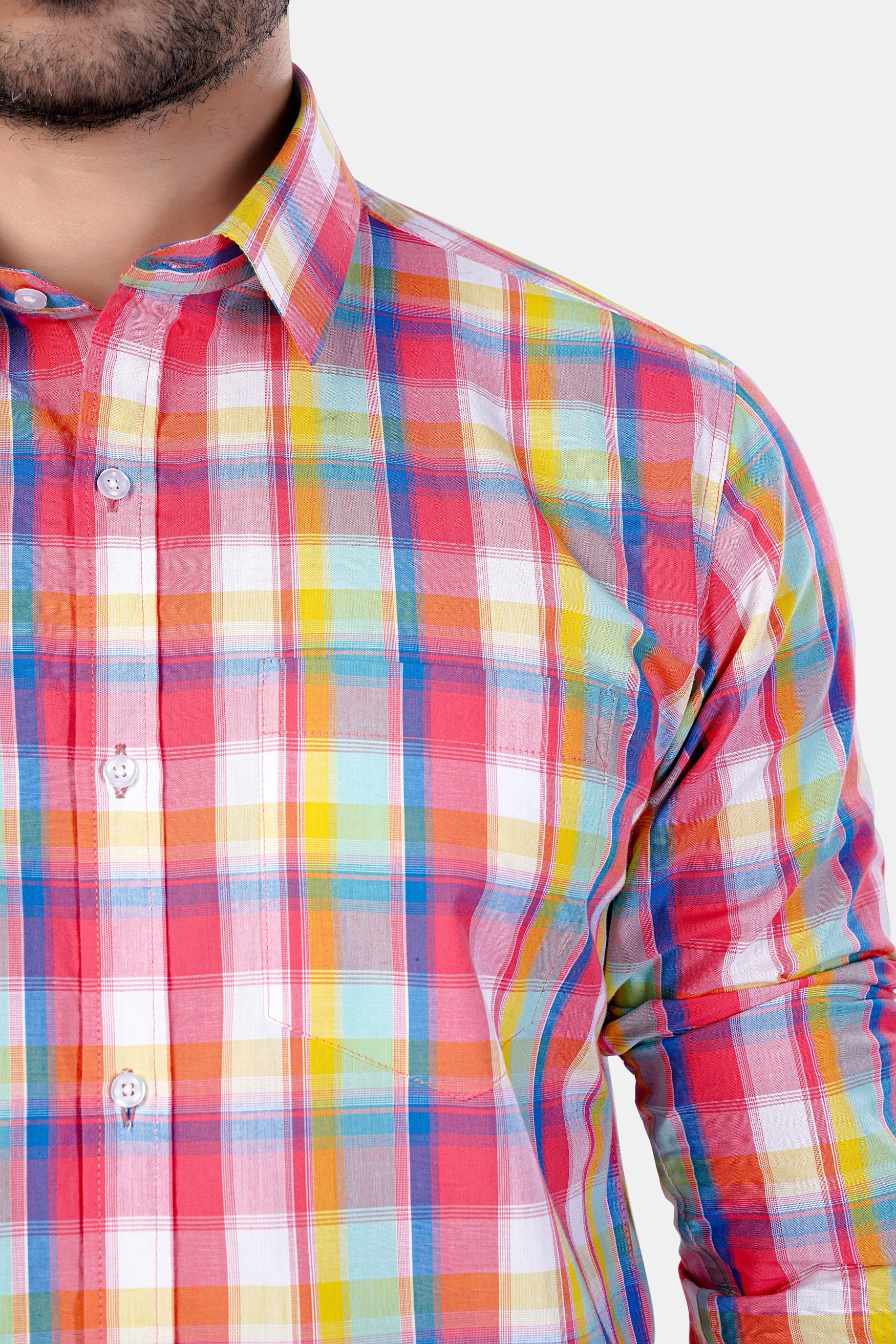 7swords-Mandy Pink with Sienna Orange and Glacier Blue Plaid Premium Cotton Shirt 7S-125-38, 7S-125-H-38, 7S-125-39, 7S-125-H-39, 7S-125-40, 7S-125-H-40, 7S-125-42, 7S-125-H-42, 7S-125-44, 7S-125-H-44, 7S-125-46, 7S-125-H-46, 7S-125-48, 7S-125-H-48, 7S-125-50, 7S-125-H-50, 7S-125-52, 7S-125-H-52