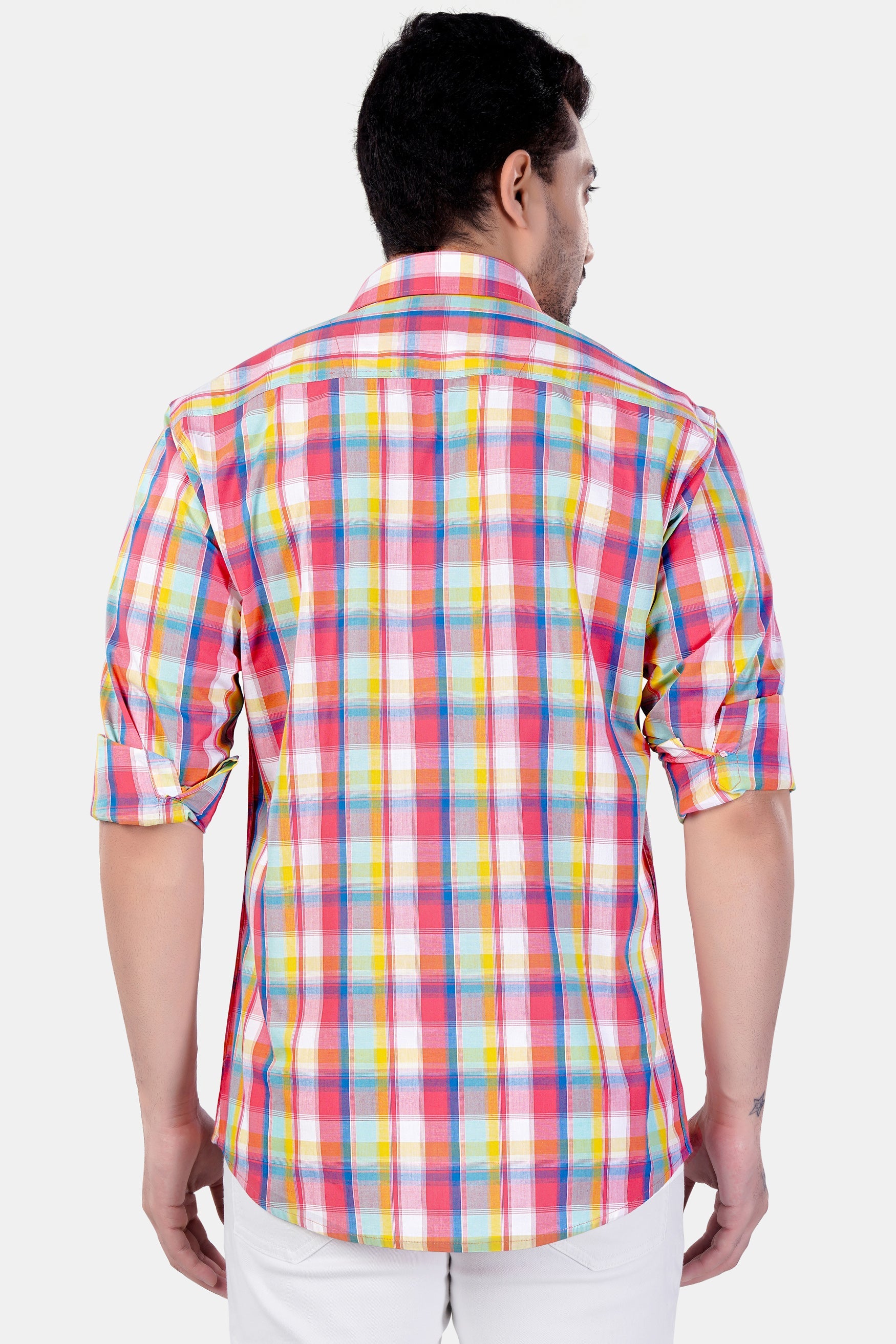 7swords-Mandy Pink with Sienna Orange and Glacier Blue Plaid Premium Cotton Shirt 7S-125-38, 7S-125-H-38, 7S-125-39, 7S-125-H-39, 7S-125-40, 7S-125-H-40, 7S-125-42, 7S-125-H-42, 7S-125-44, 7S-125-H-44, 7S-125-46, 7S-125-H-46, 7S-125-48, 7S-125-H-48, 7S-125-50, 7S-125-H-50, 7S-125-52, 7S-125-H-52