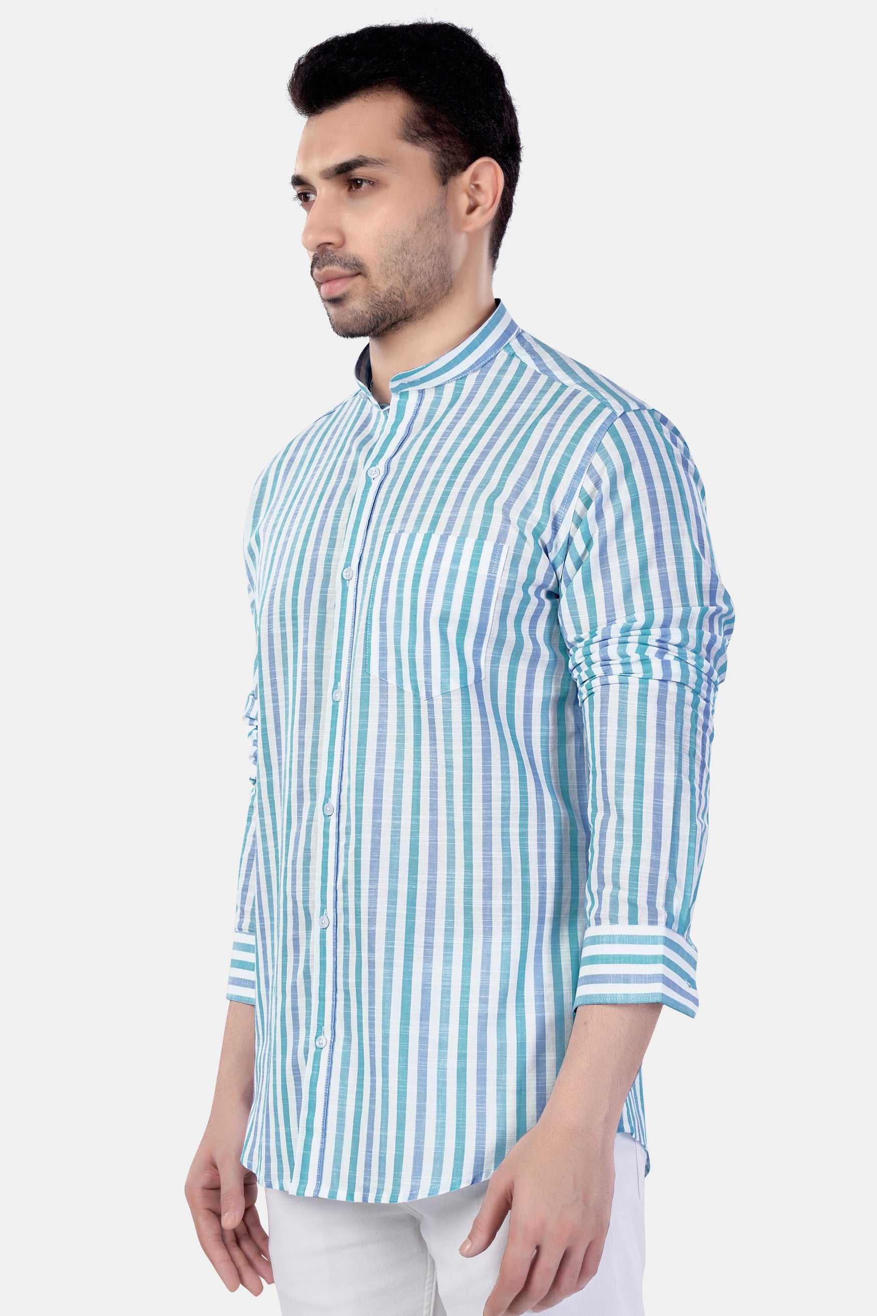 7swords-Bright White with Cascade Green and Yonder Blue Striped Premium Cotton Shirt 7S-139-M-38, 7S-139-M-39, 7S-139-M-40, 7S-139-M-42