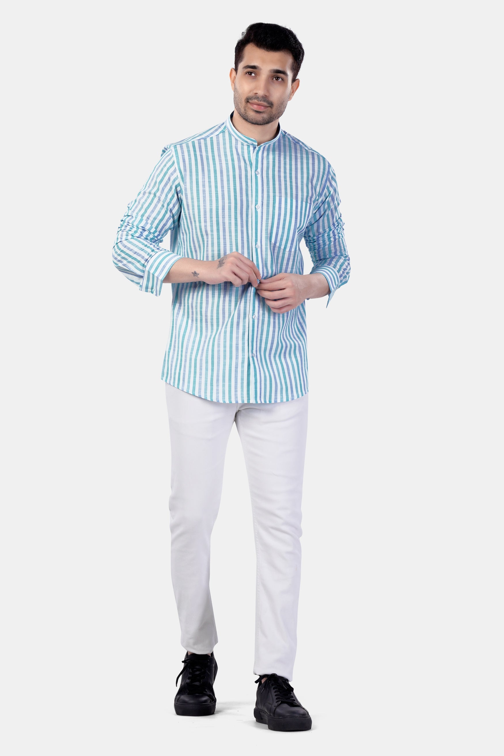 7swords-Bright White with Cascade Green and Yonder Blue Striped Premium Cotton Shirt 7S-139-M-38, 7S-139-M-39, 7S-139-M-40, 7S-139-M-42