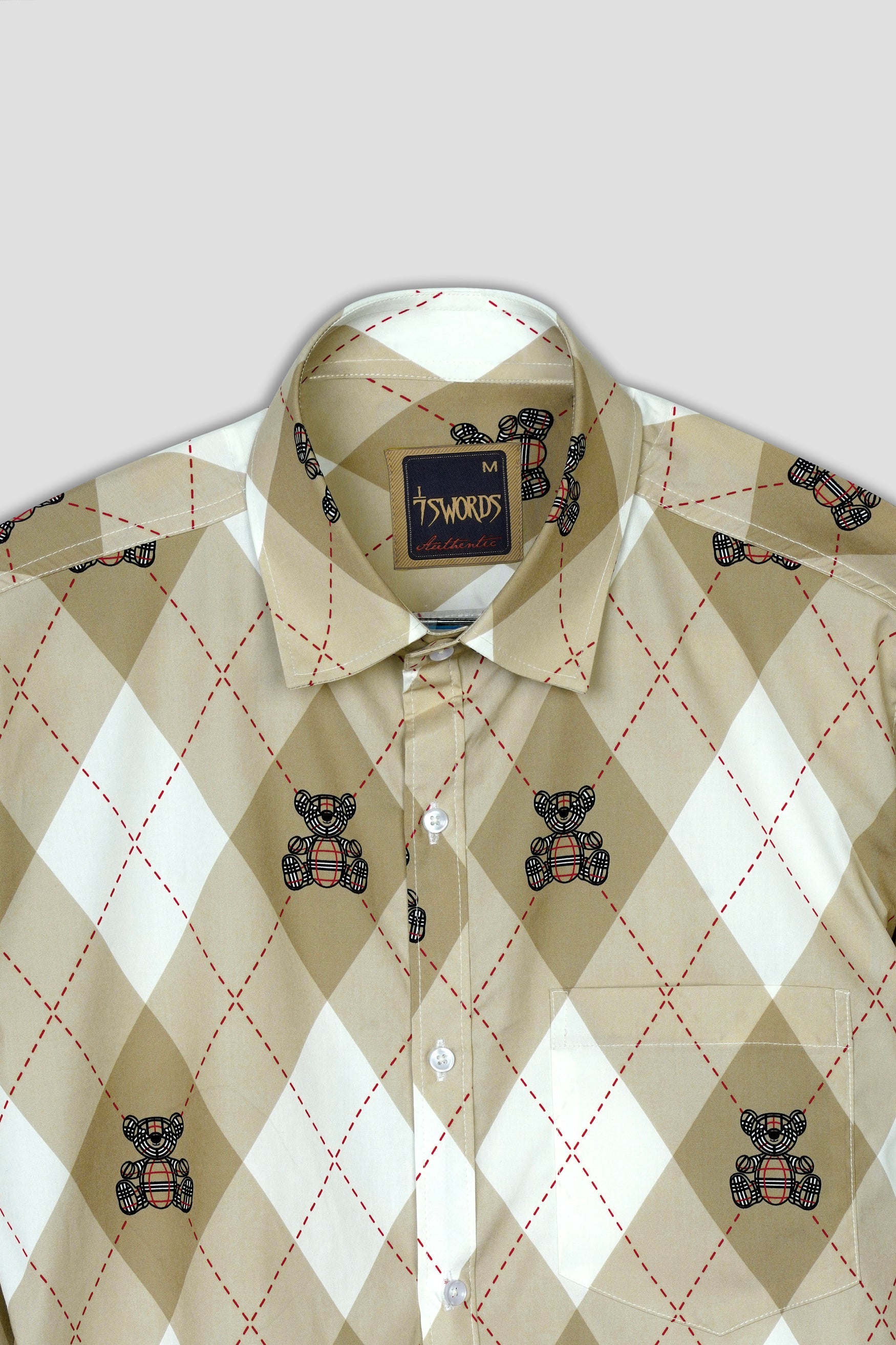 7swords-Beaver Brown with White and Milano Red Geometric with Teddy Bear Printed Premium Cotton Shirt 7S-143-38, 7S-143-39, 7S-143-40, 7S-143-42
