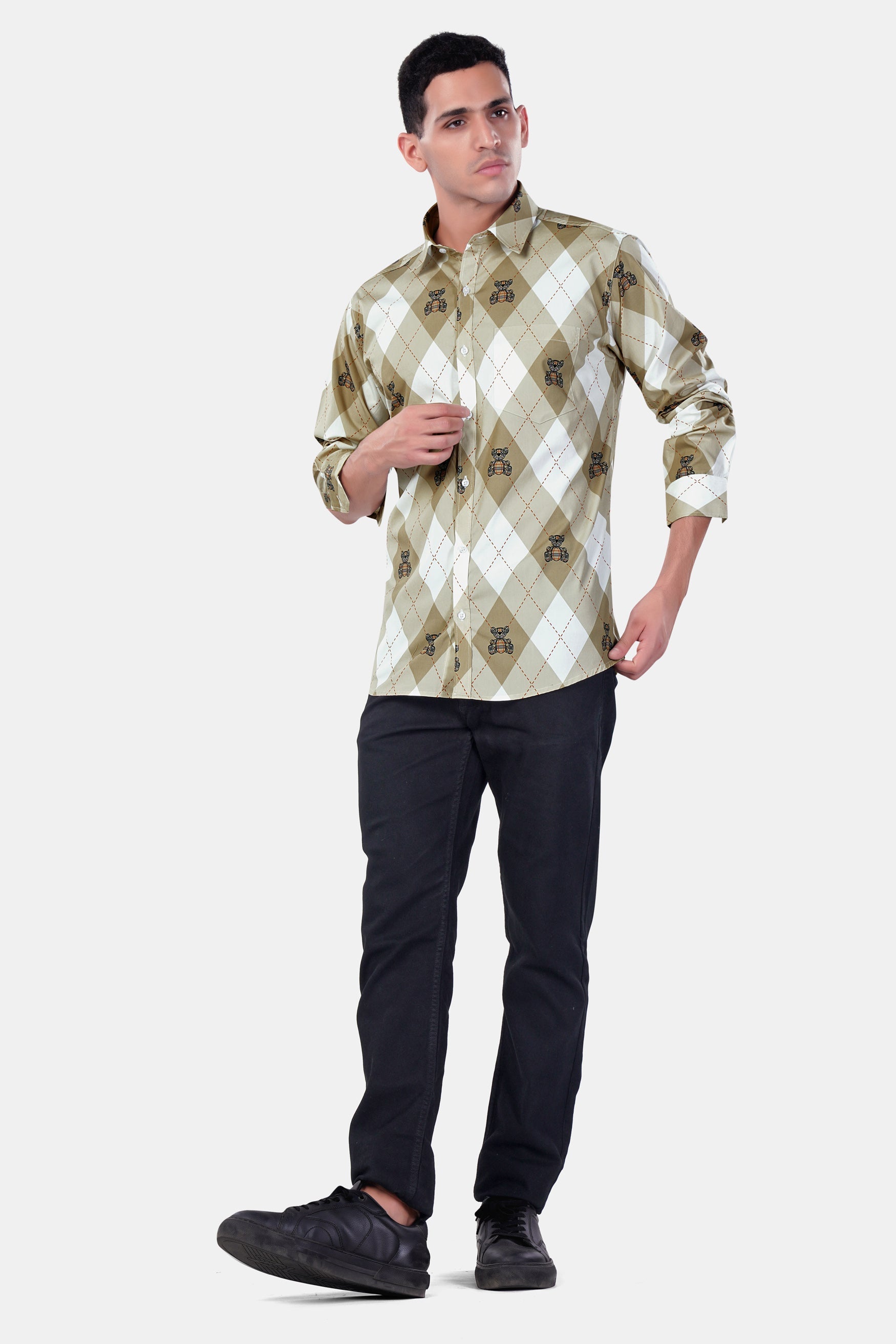 7swords-Beaver Brown with White and Milano Red Geometric with Teddy Bear Printed Premium Cotton Shirt 7S-143-38, 7S-143-39, 7S-143-40, 7S-143-42