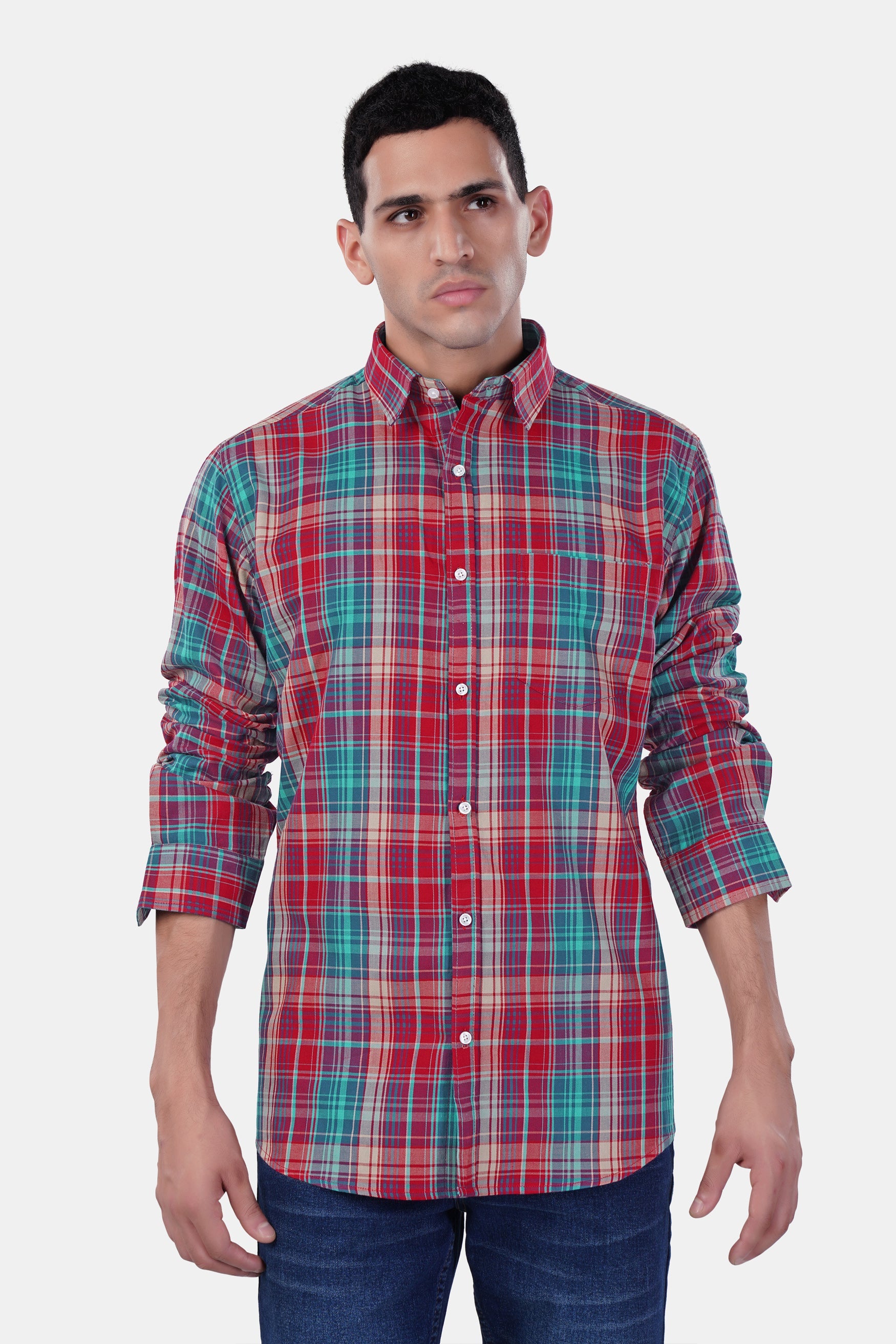 7swords-Scarlet Red and Bondi Blue Multicolor Plaid Premium Cotton Shirt 7S-152-38, 7S-152-39, 7S-152-40, 7S-152-42