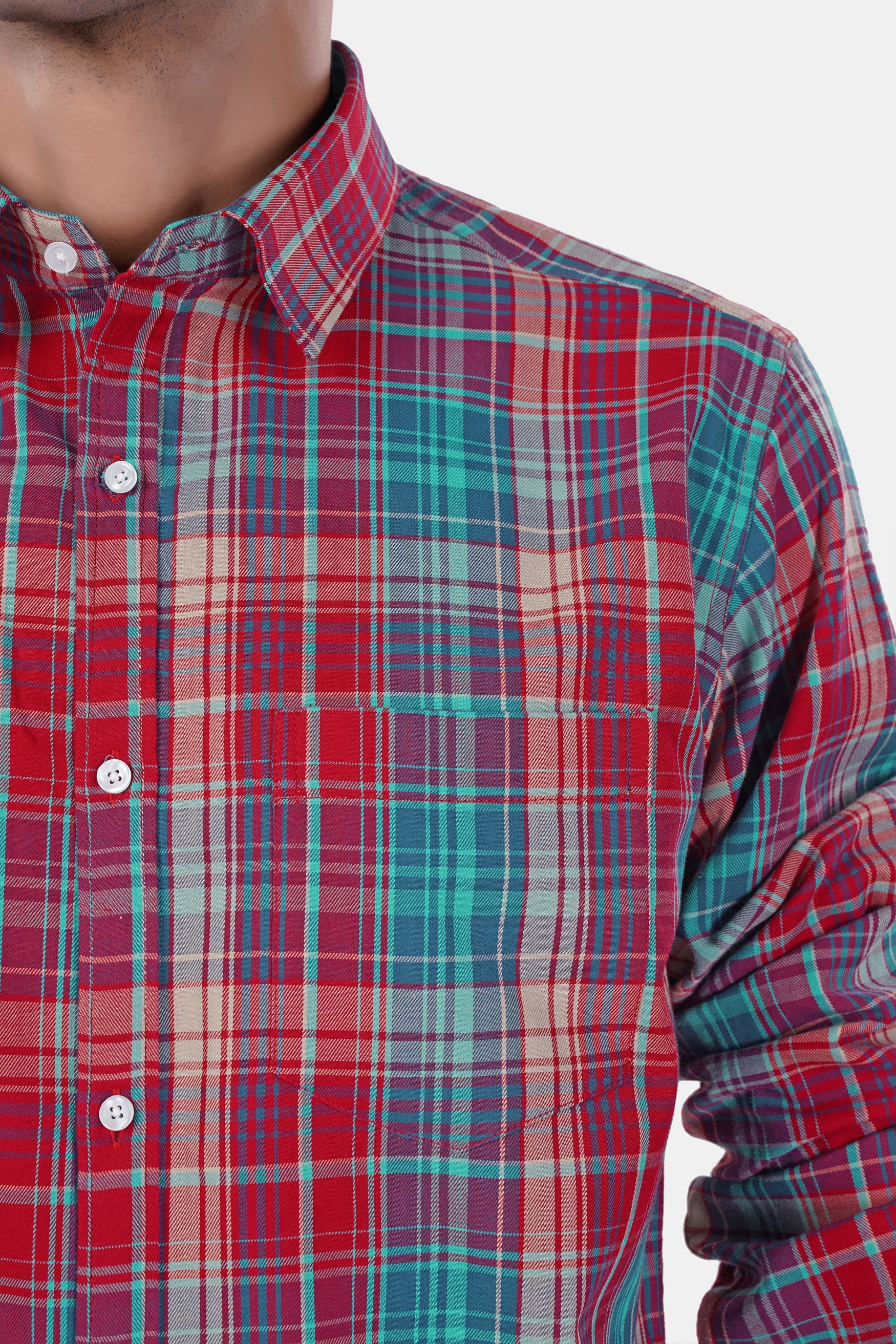 7swords-Scarlet Red and Bondi Blue Multicolor Plaid Premium Cotton Shirt 7S-152-38, 7S-152-39, 7S-152-40, 7S-152-42