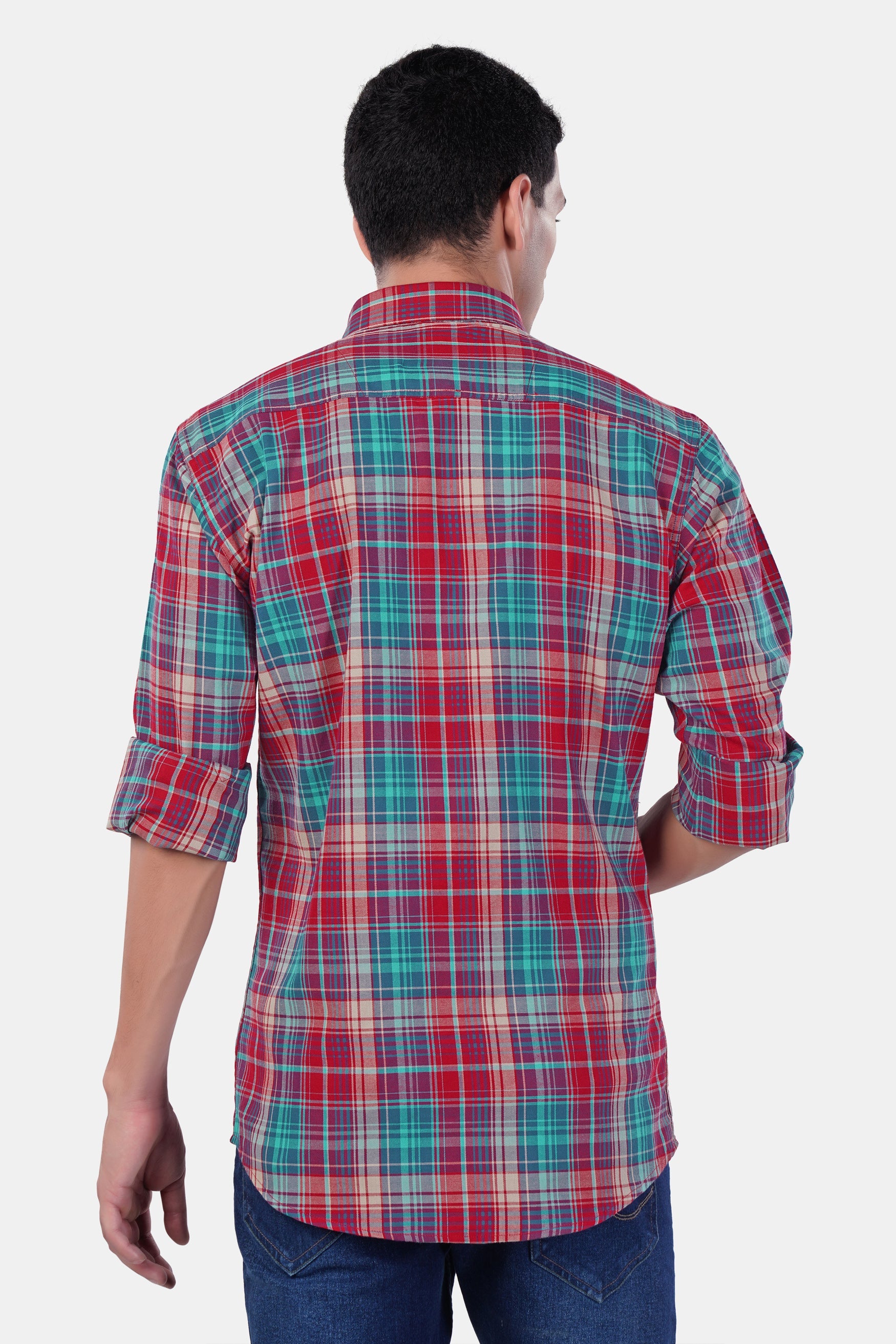 7swords-Scarlet Red and Bondi Blue Multicolor Plaid Premium Cotton Shirt 7S-152-38, 7S-152-39, 7S-152-40, 7S-152-42