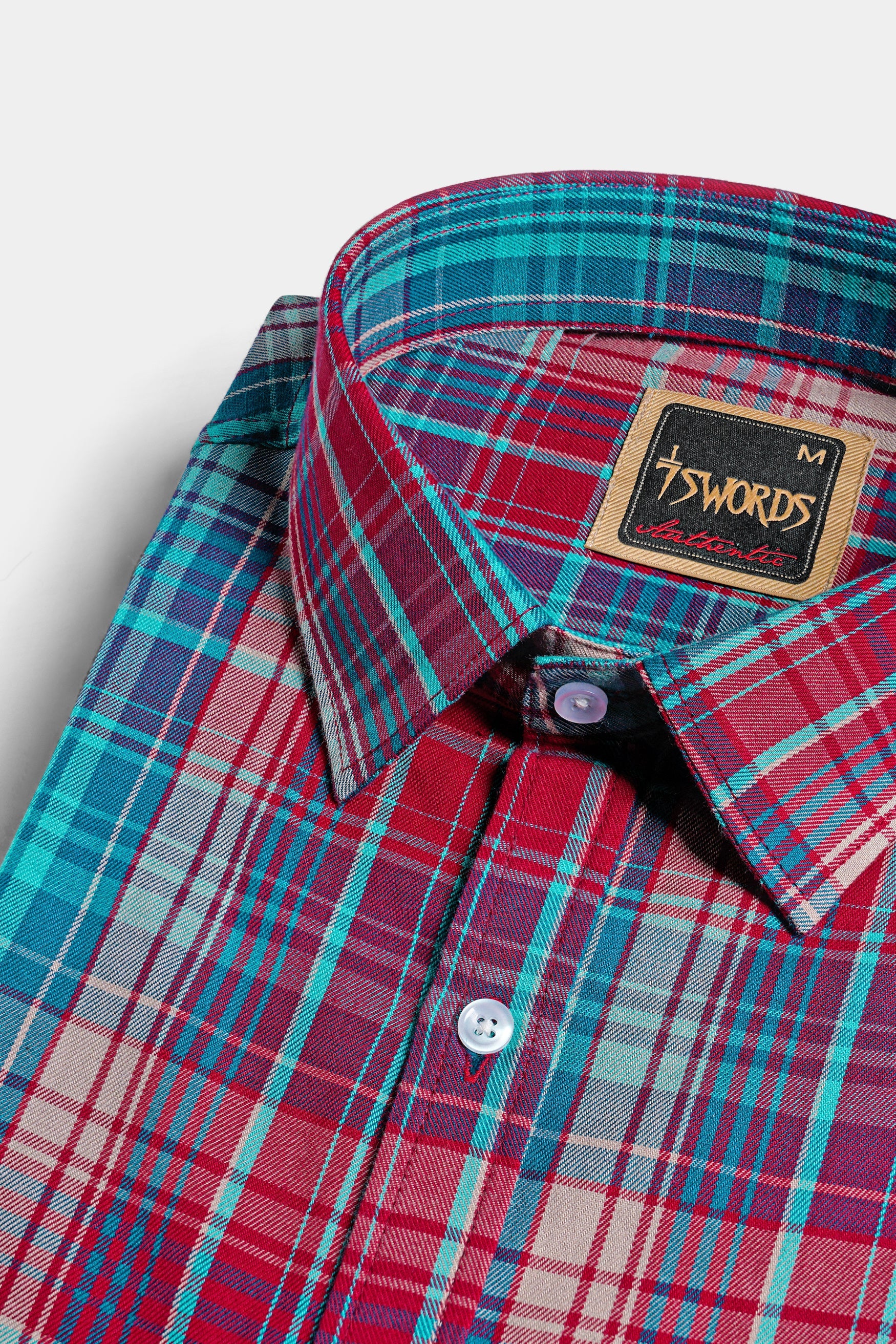 7swords-Scarlet Red and Bondi Blue Multicolor Plaid Premium Cotton Shirt 7S-152-38, 7S-152-39, 7S-152-40, 7S-152-42