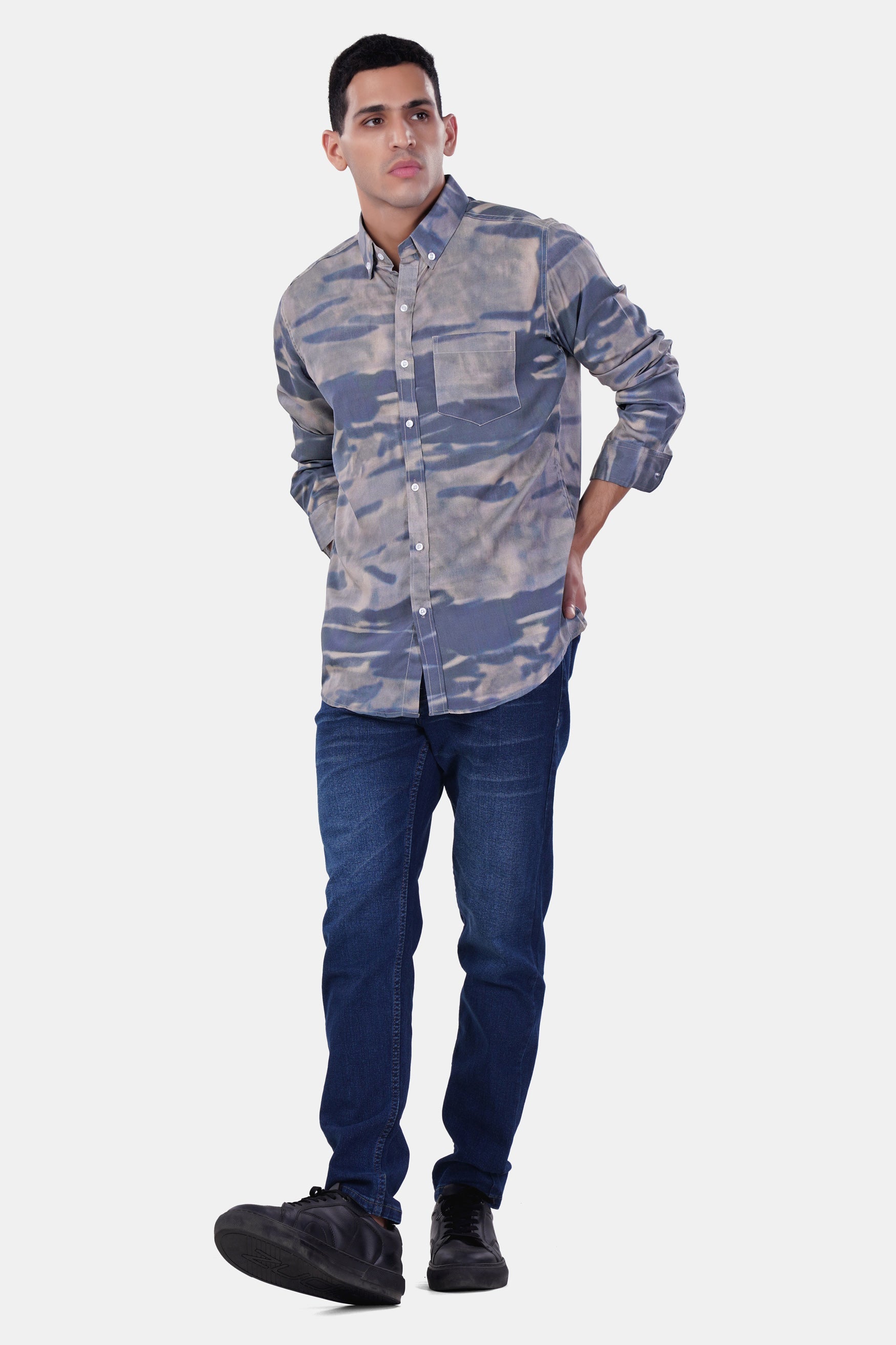 7swords-Mobster Gray and Logan Gray Tie-Dye Printed Premium Cotton Shirt 7S-155-BD-38, 7S-155-BD-39, 7S-155-BD-40, 7S-155-BD-42