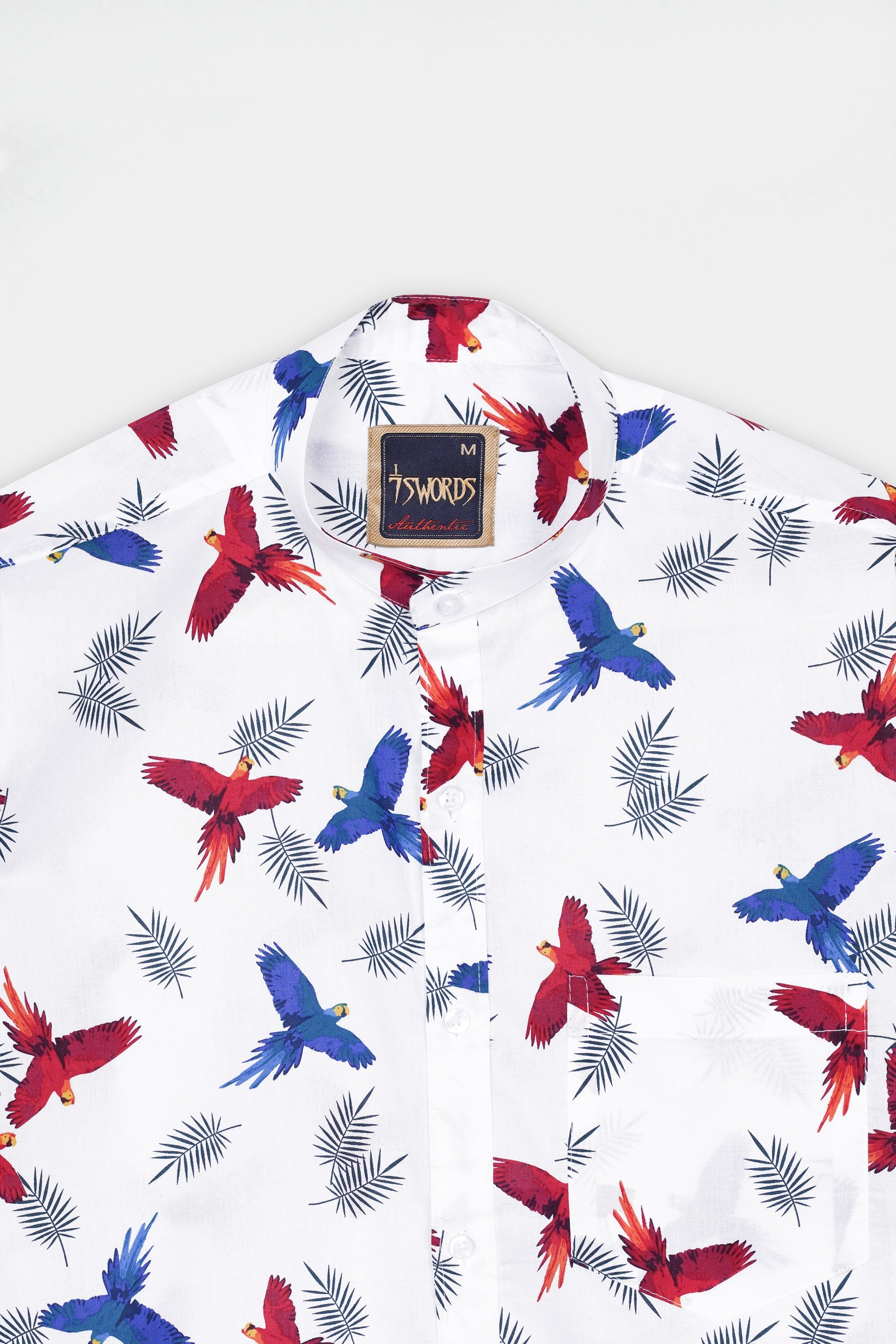 7swords-Bright White with Carmine Red and Cobalt Blue Birds Printed Premium Cotton Shirt 7S-162-M-38, 7S-162-M-39, 7S-162-M-40, 7S-162-M-42
