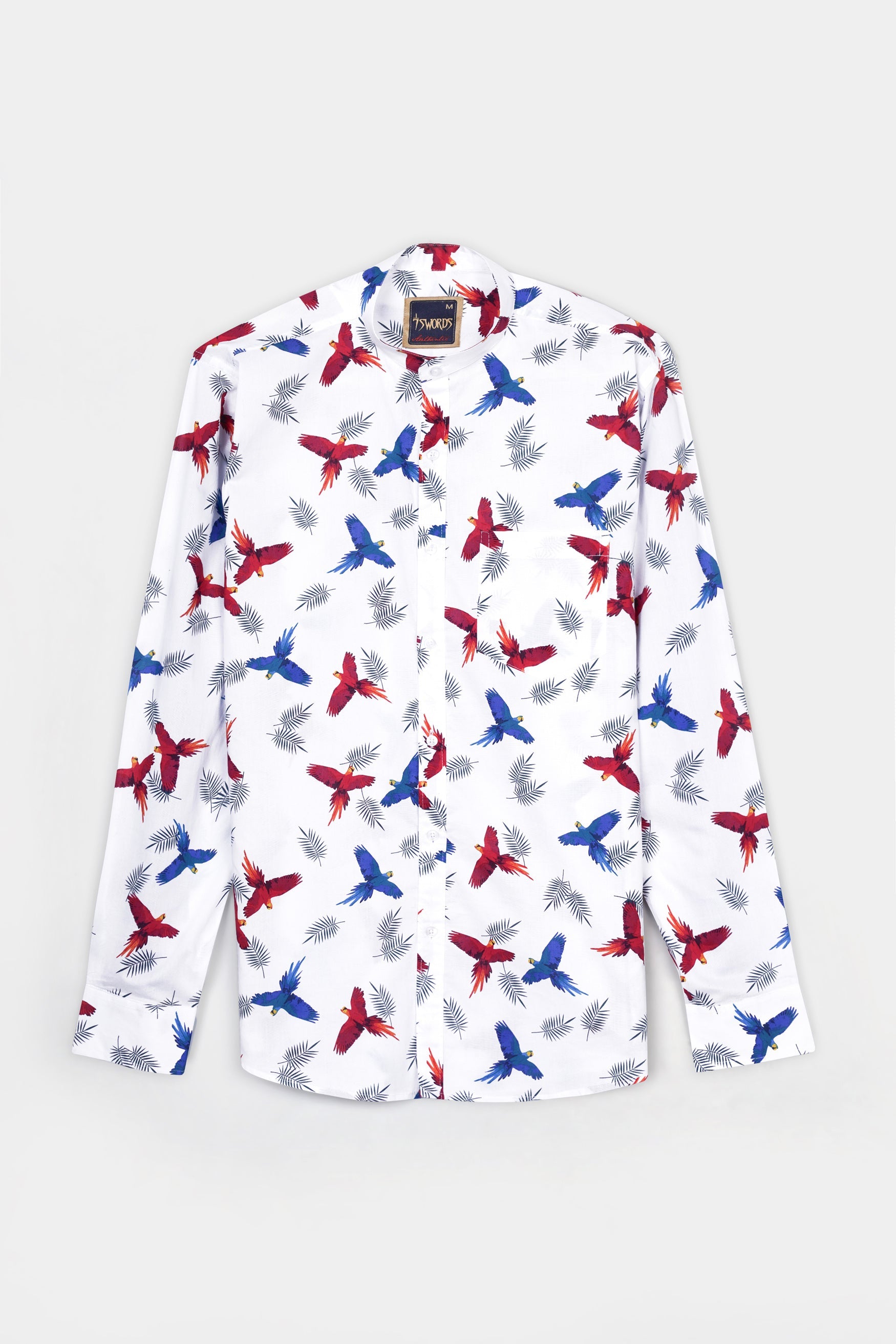 7swords-Bright White with Carmine Red and Cobalt Blue Birds Printed Premium Cotton Shirt 7S-162-M-38, 7S-162-M-39, 7S-162-M-40, 7S-162-M-42