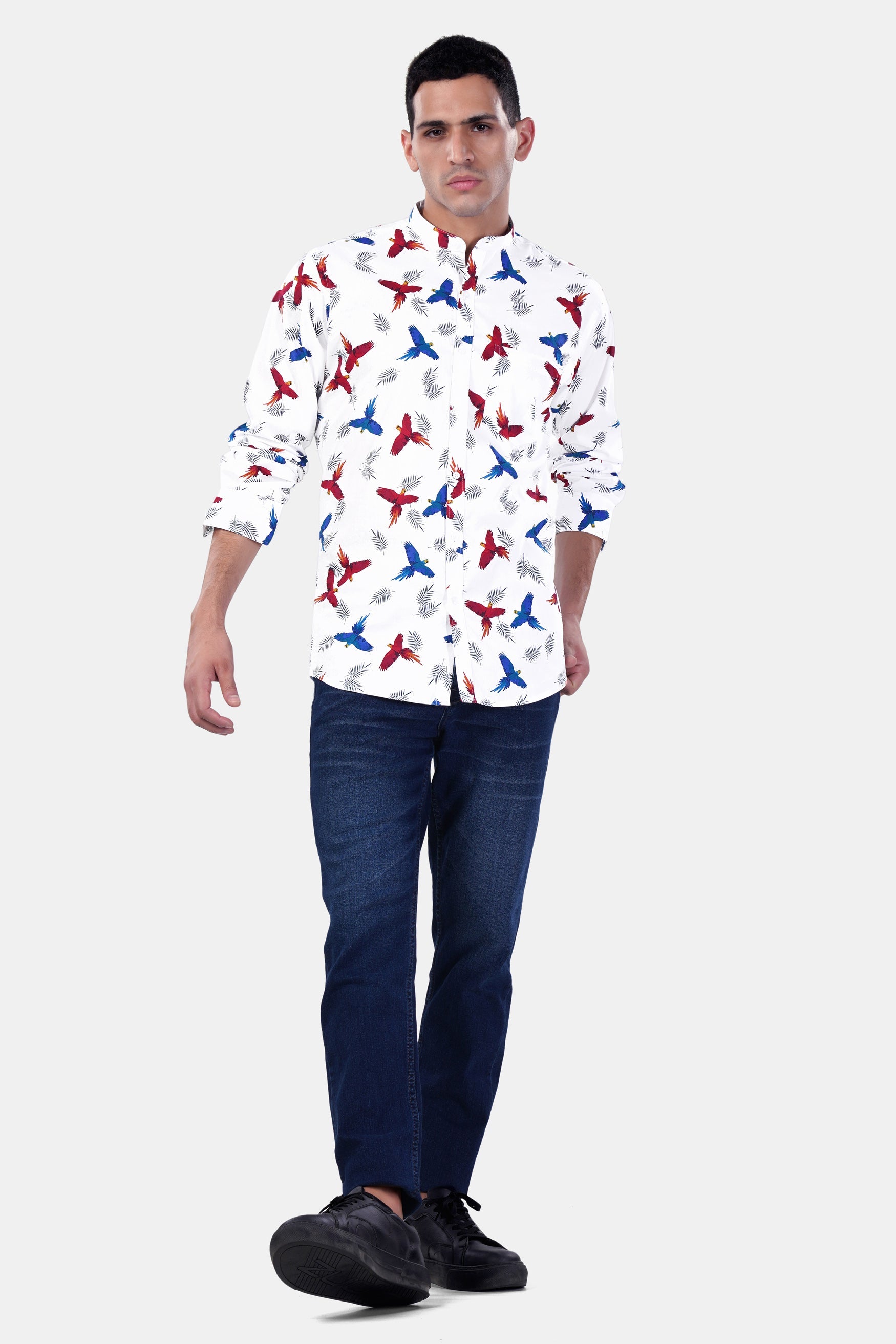 7swords-Bright White with Carmine Red and Cobalt Blue Birds Printed Premium Cotton Shirt 7S-162-M-38, 7S-162-M-39, 7S-162-M-40, 7S-162-M-42
