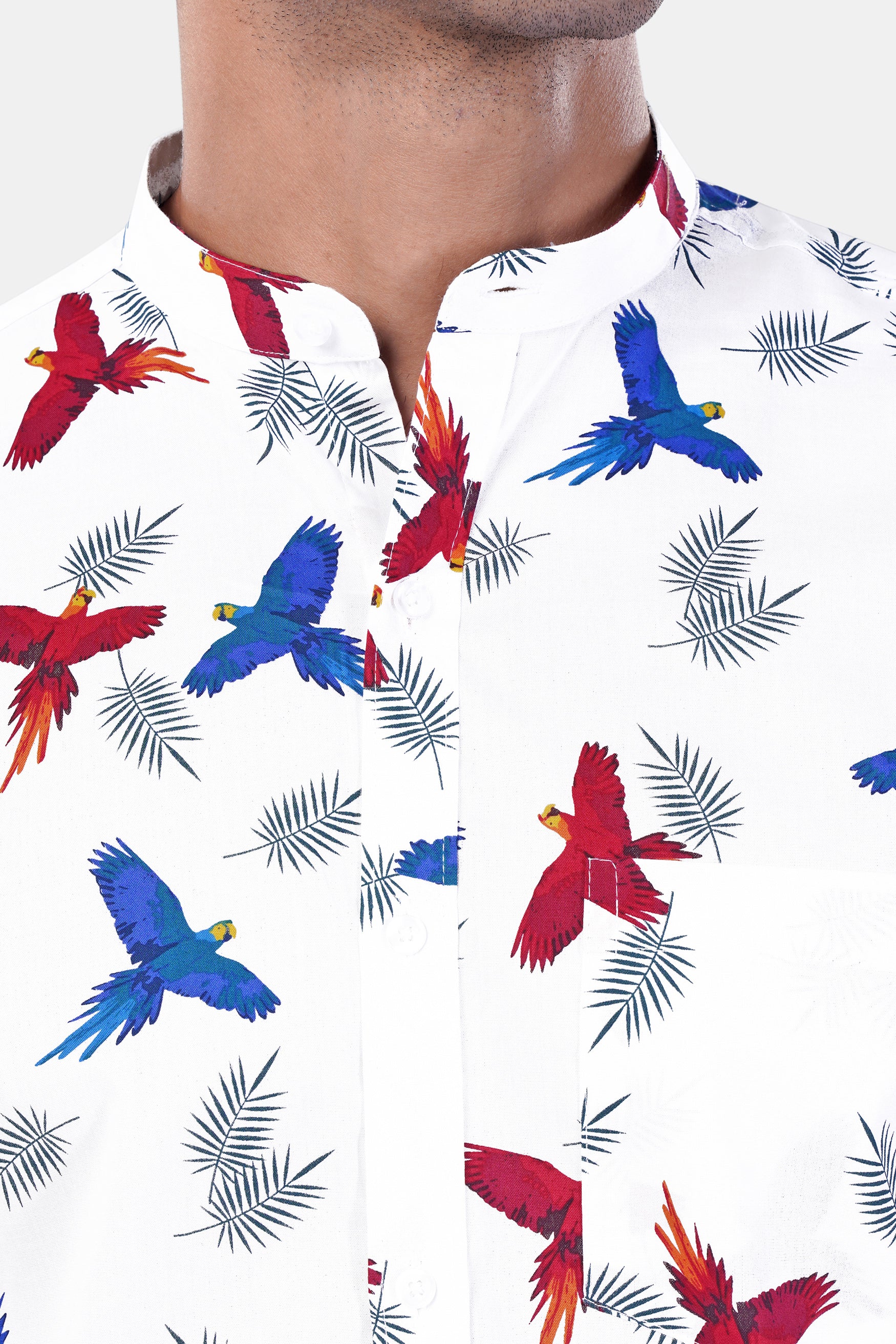 7swords-Bright White with Carmine Red and Cobalt Blue Birds Printed Premium Cotton Shirt 7S-162-M-38, 7S-162-M-39, 7S-162-M-40, 7S-162-M-42