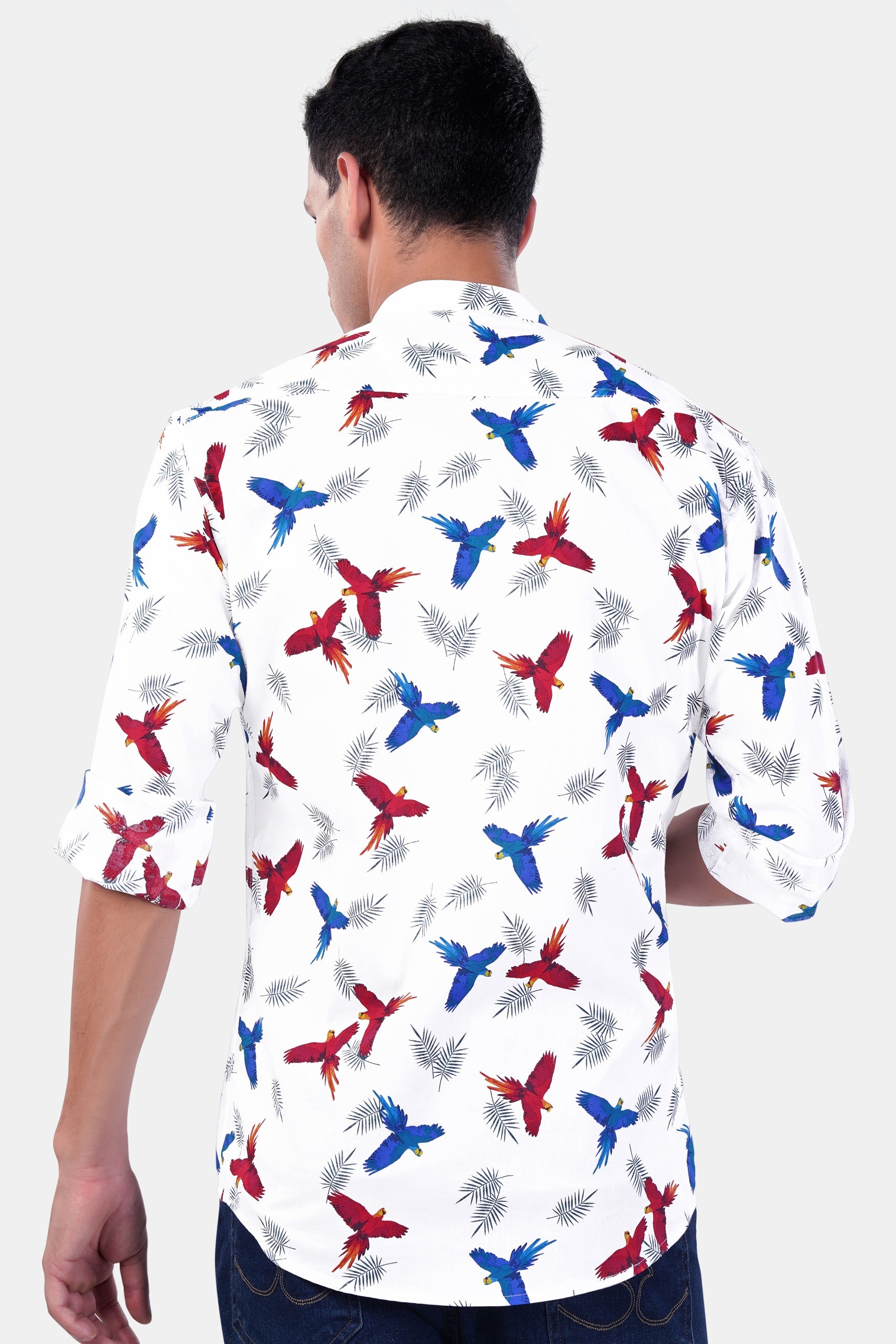 7swords-Bright White with Carmine Red and Cobalt Blue Birds Printed Premium Cotton Shirt 7S-162-M-38, 7S-162-M-39, 7S-162-M-40, 7S-162-M-42
