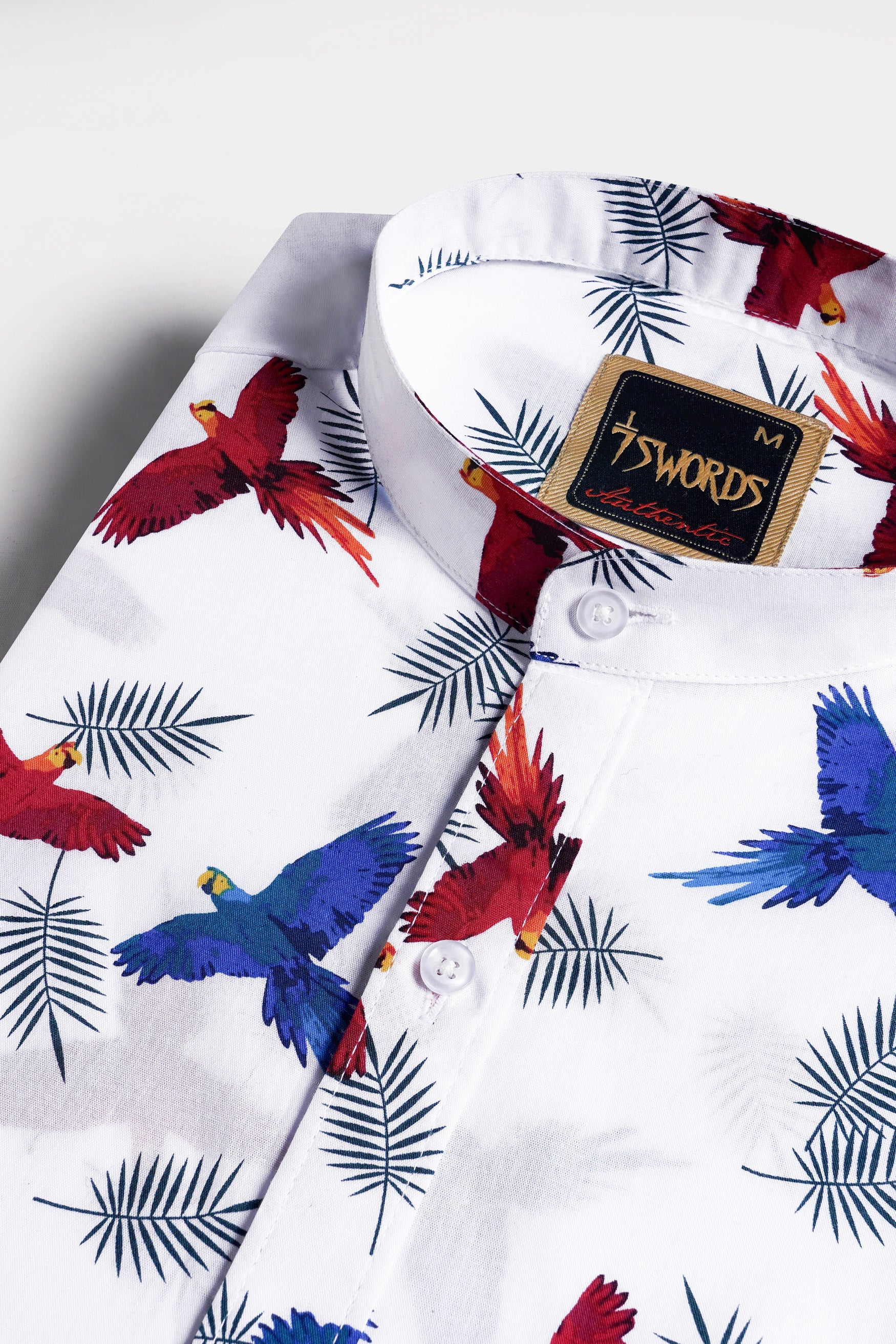 7swords-Bright White with Carmine Red and Cobalt Blue Birds Printed Premium Cotton Shirt 7S-162-M-38, 7S-162-M-39, 7S-162-M-40, 7S-162-M-42