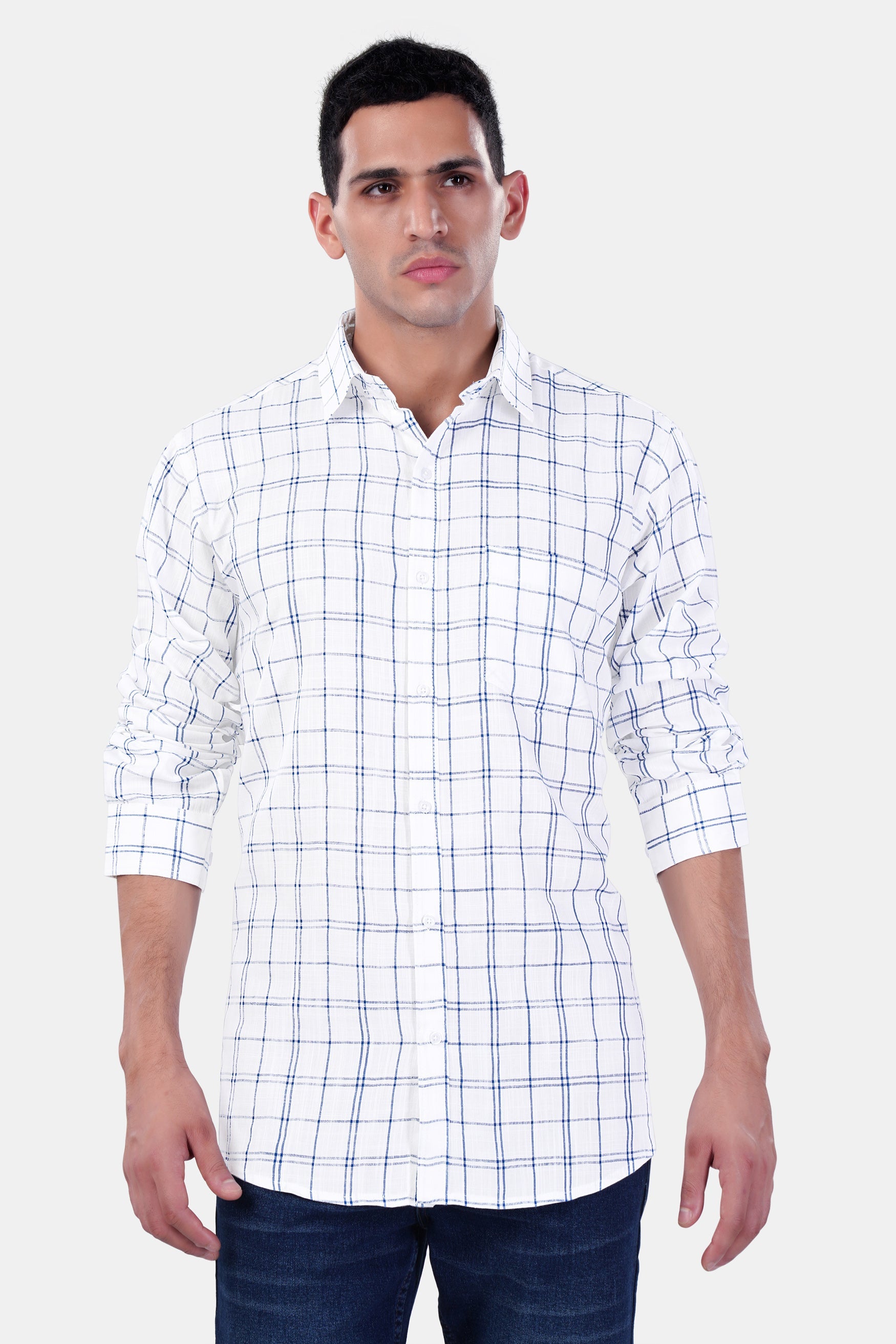 7swords-Bright White and Azure Blue Plaid Premium Cotton Shirt 7S-164-38, 7S-164-39, 7S-164-40, 7S-164-42