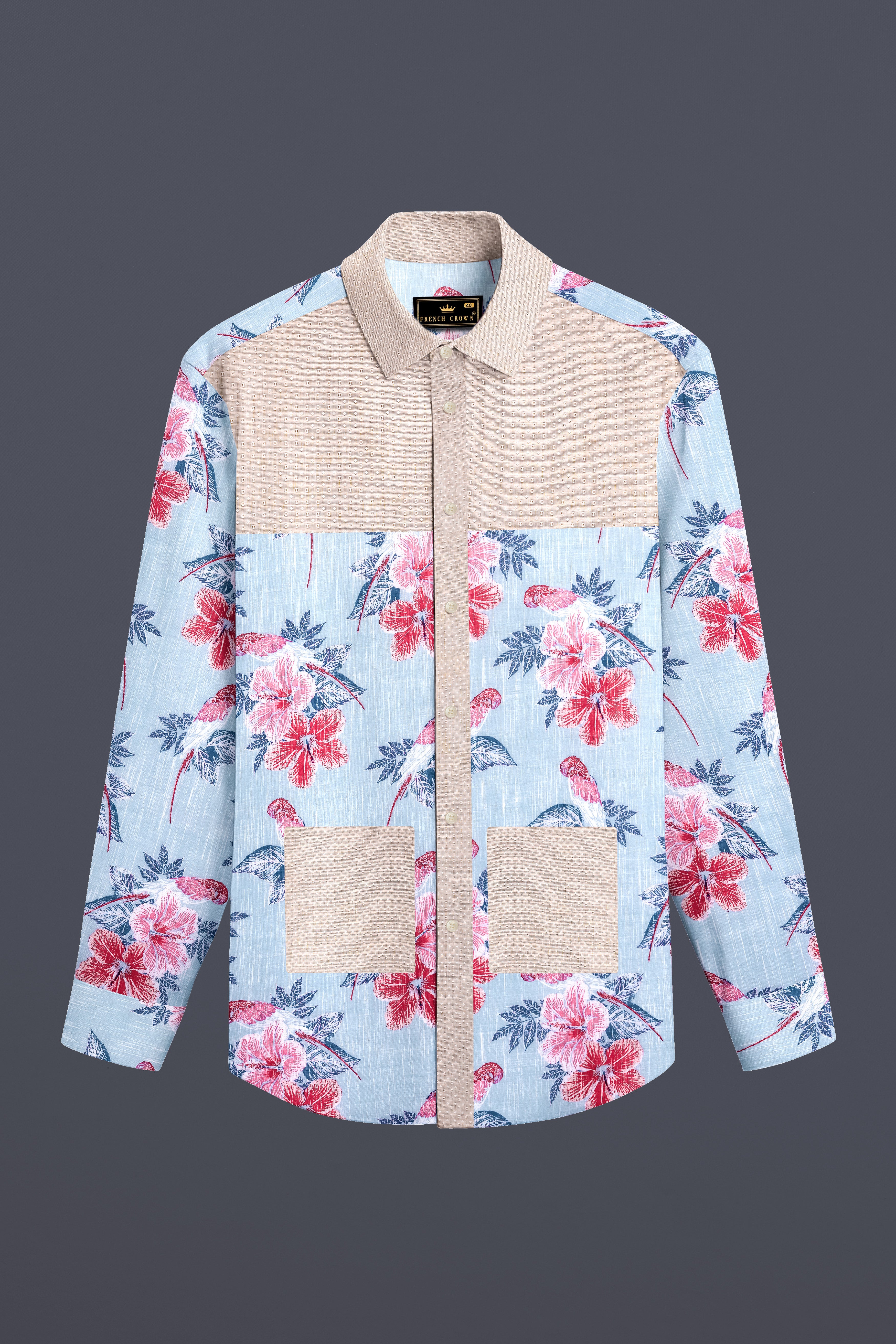 Mercury Blue Floral Printed and Cold Turkey Brown Chambray Premium Cotton Designer Shirt