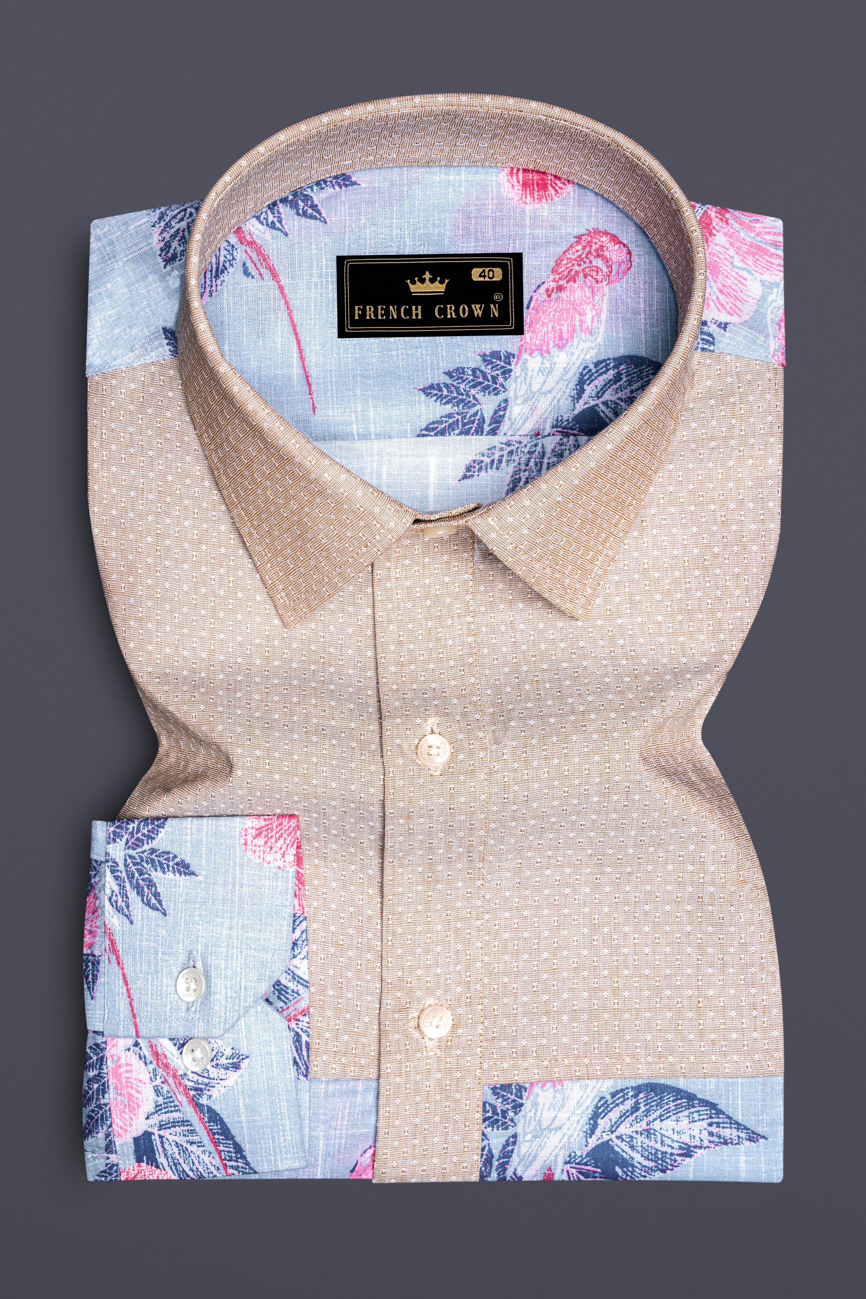 Mercury Blue Floral Printed and Cold Turkey Brown Chambray Premium Cotton Designer Shirt