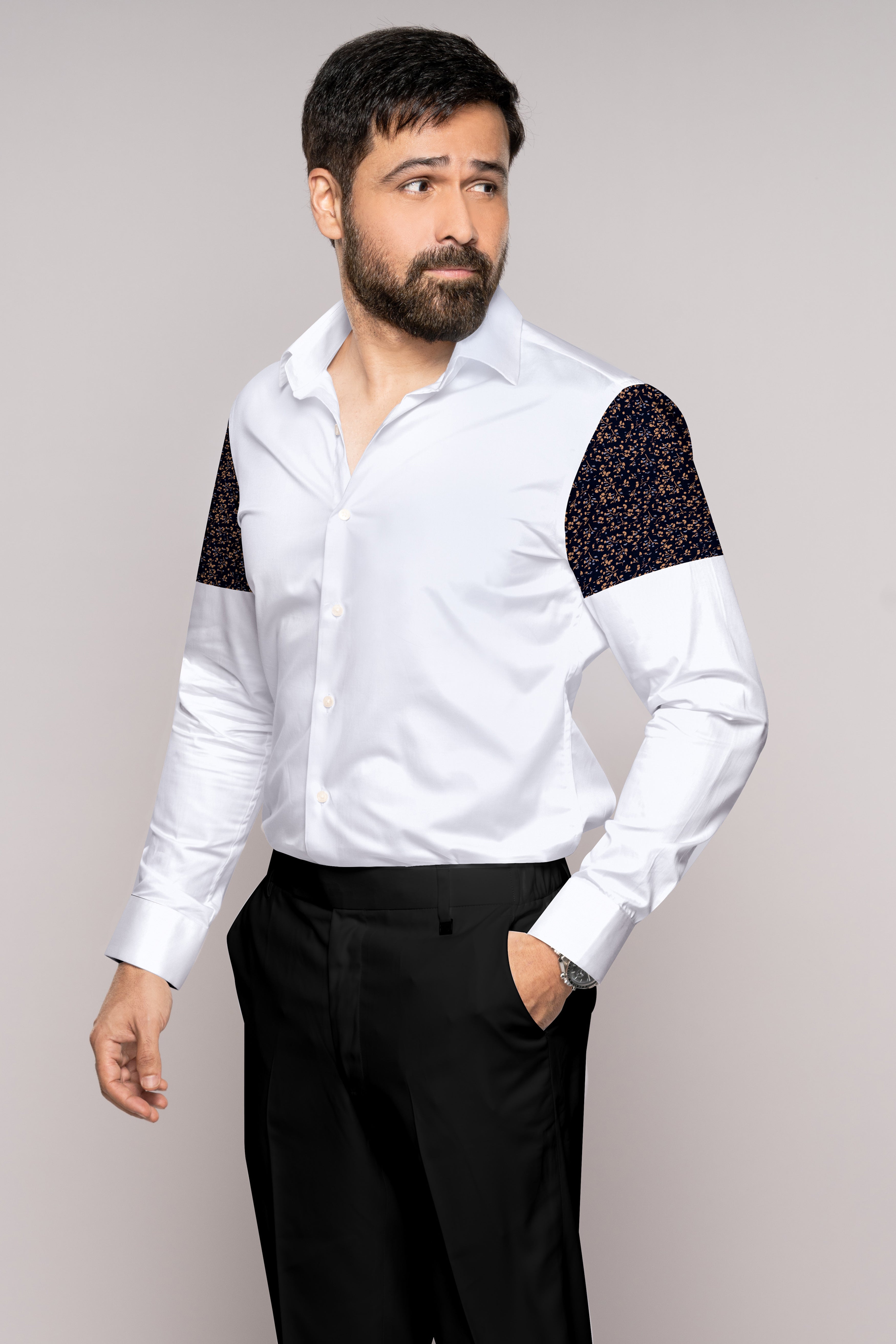 Bright White With Black Floral Patch Work Super Soft Premium Cotton Designer Shirt