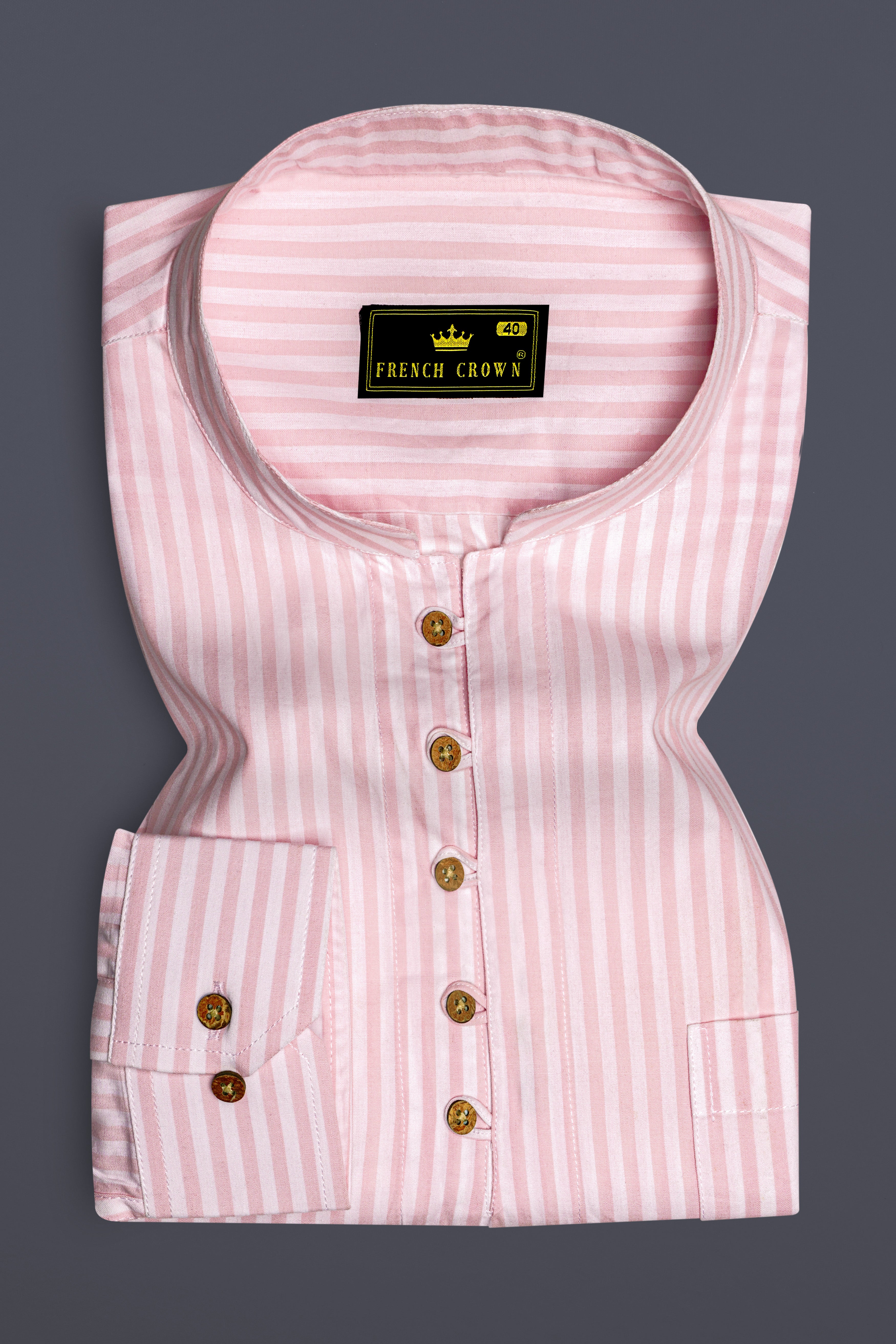 Cavern Pink with Sauvignon Beige Striped Premium Cotton Kurta Shirt
