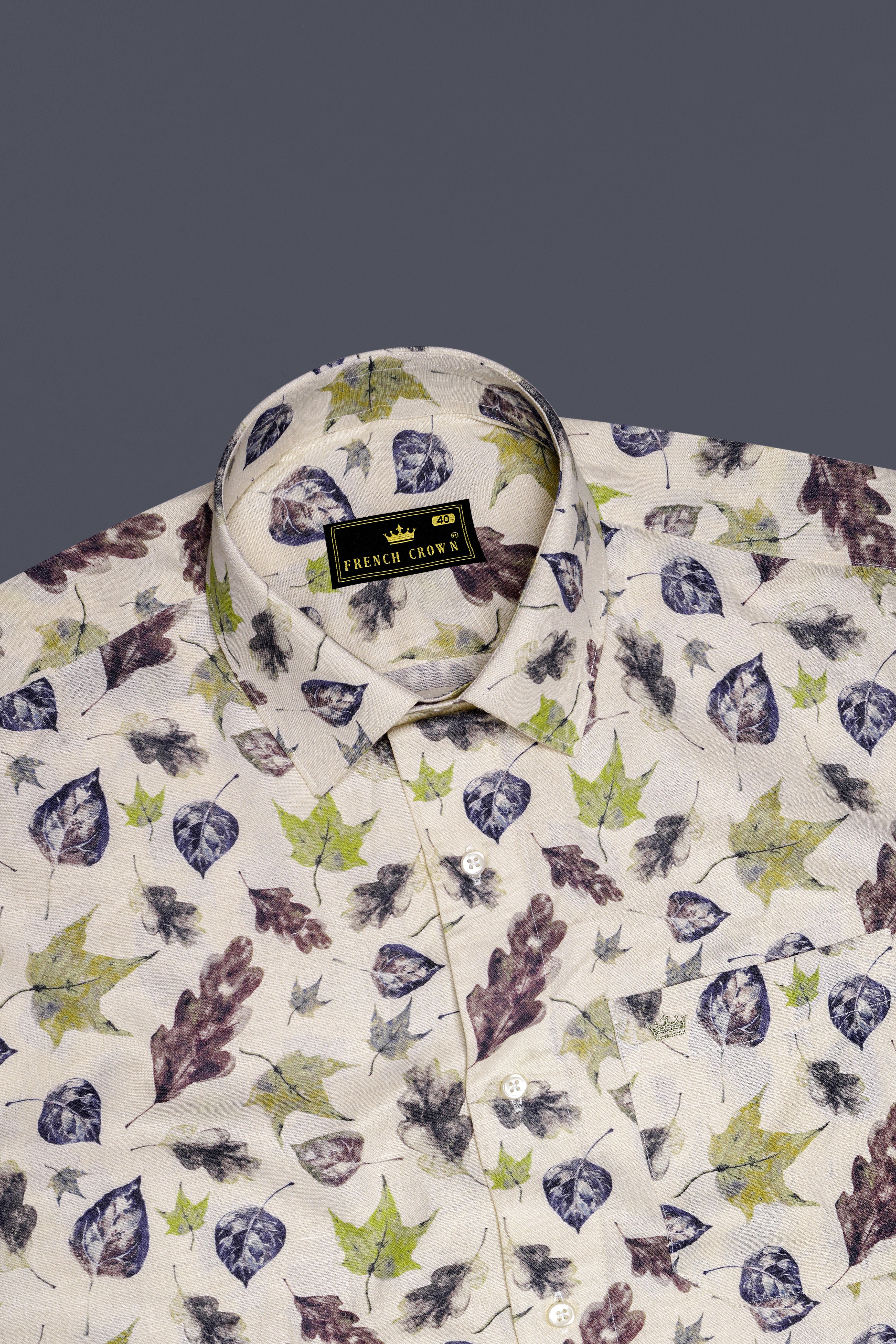 Wheatfield Beige Multicolour Leaves Printed Luxurious Linen Shirt