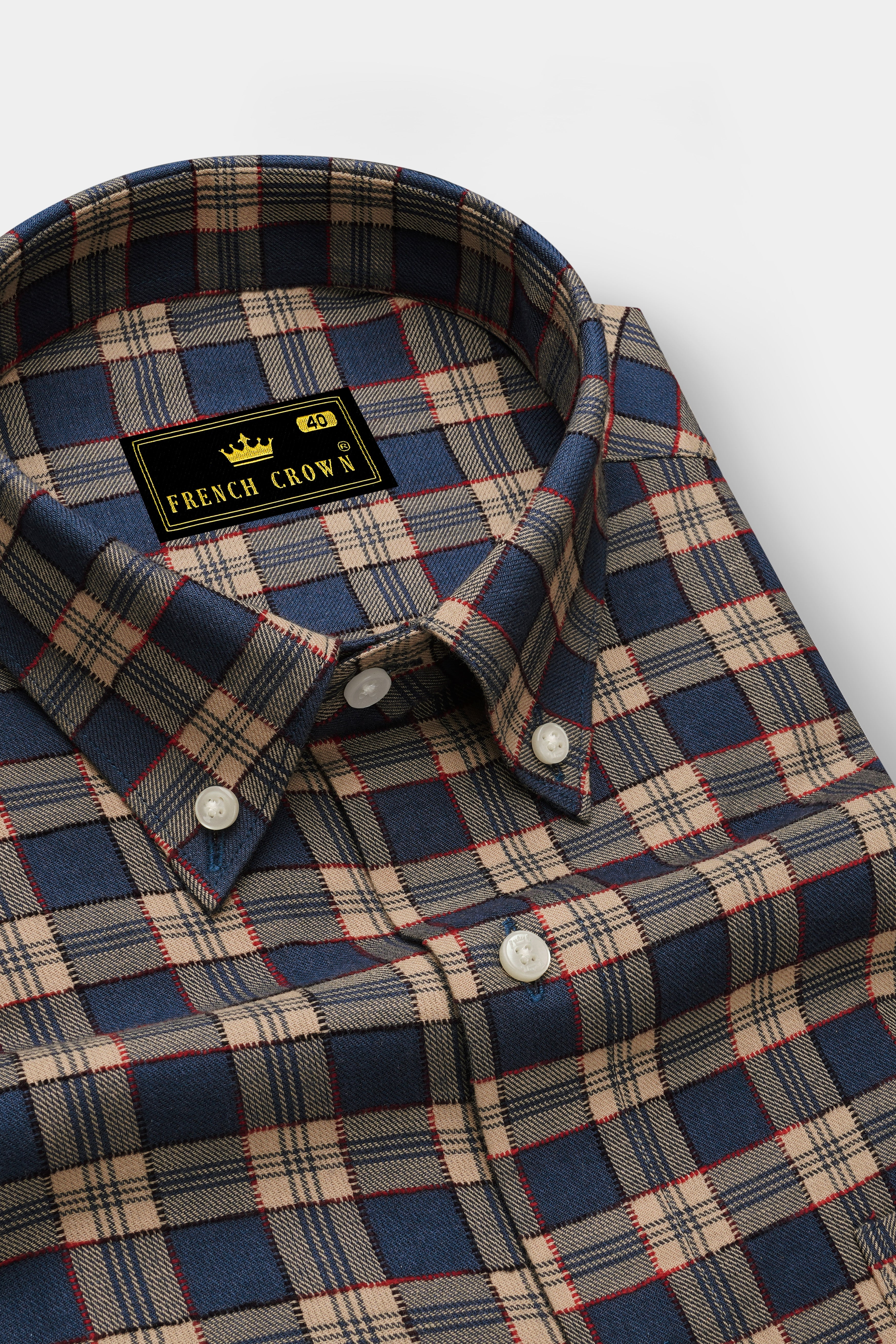 Tarawera Blue with Tequila Light Brown Plaid Dobby Textured Premium Giza Cotton Shirt