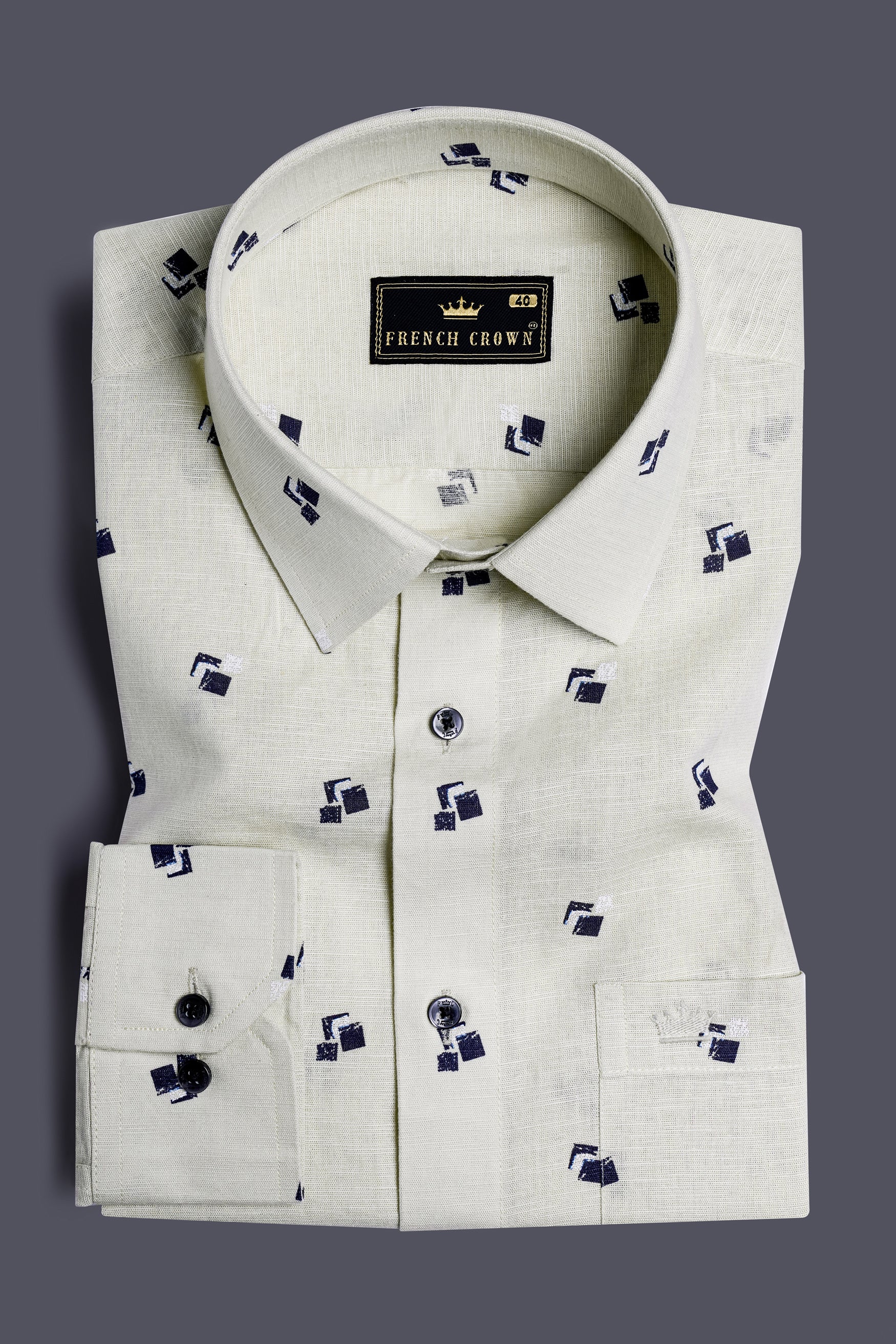 Nebula Cream Printed with Elbow Patchwork Luxurious Linen Designer Shirt