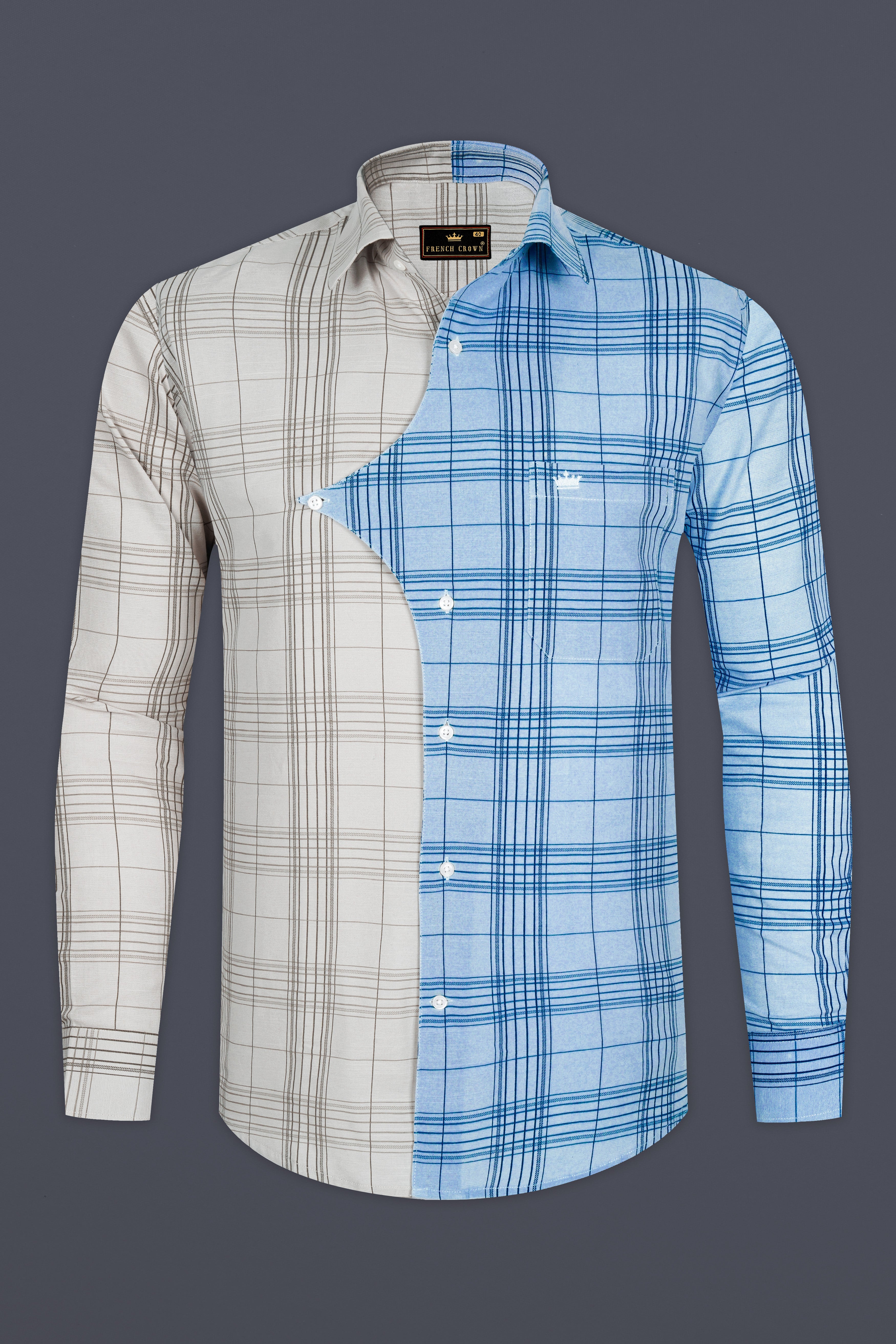 Vanilla Brown and Casper Sky Blue Plaid Luxurious Linen Designer Shirt