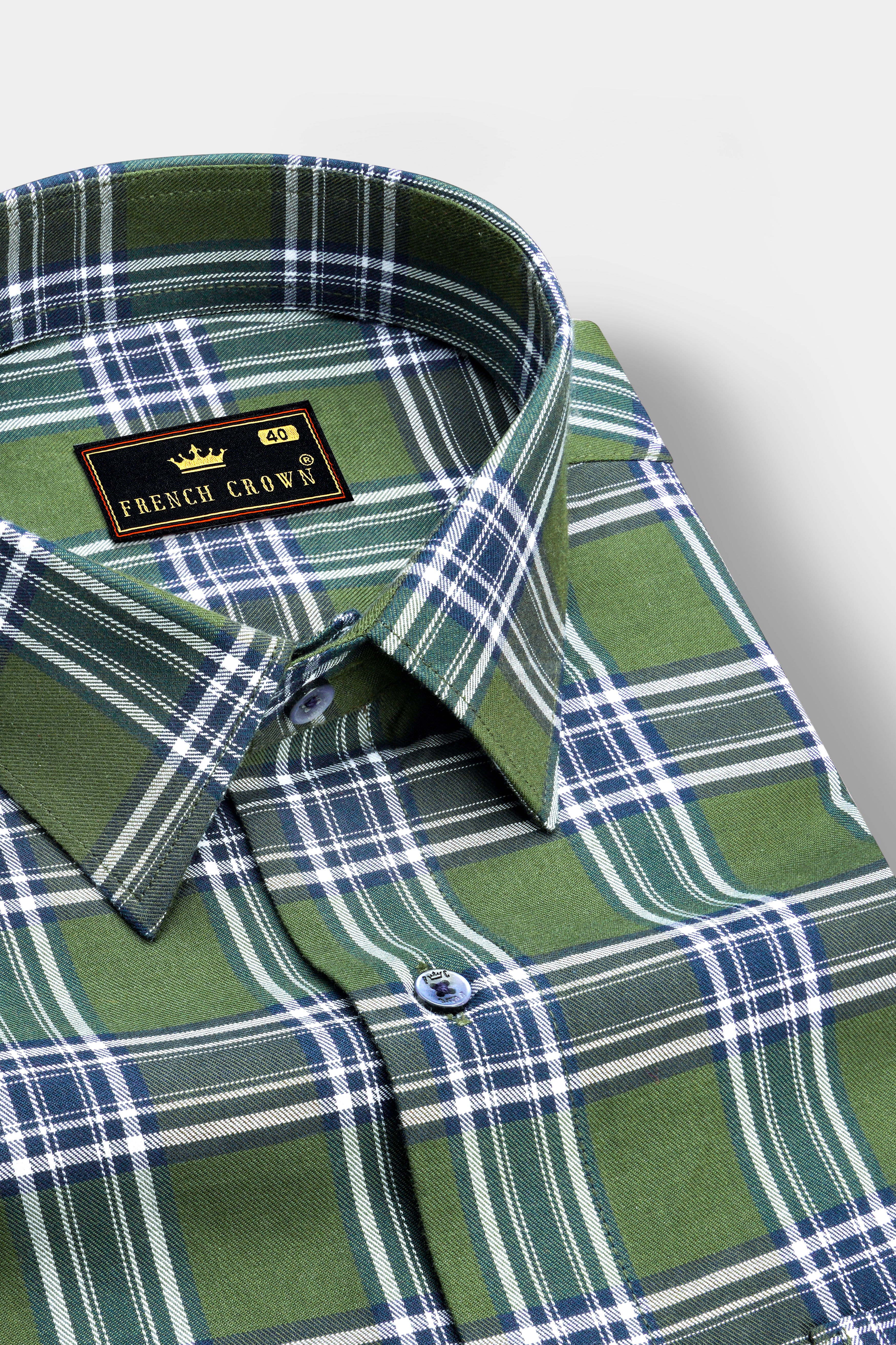 Asparagus Green with Bright White Twill Plaid Premium Cotton Shirt