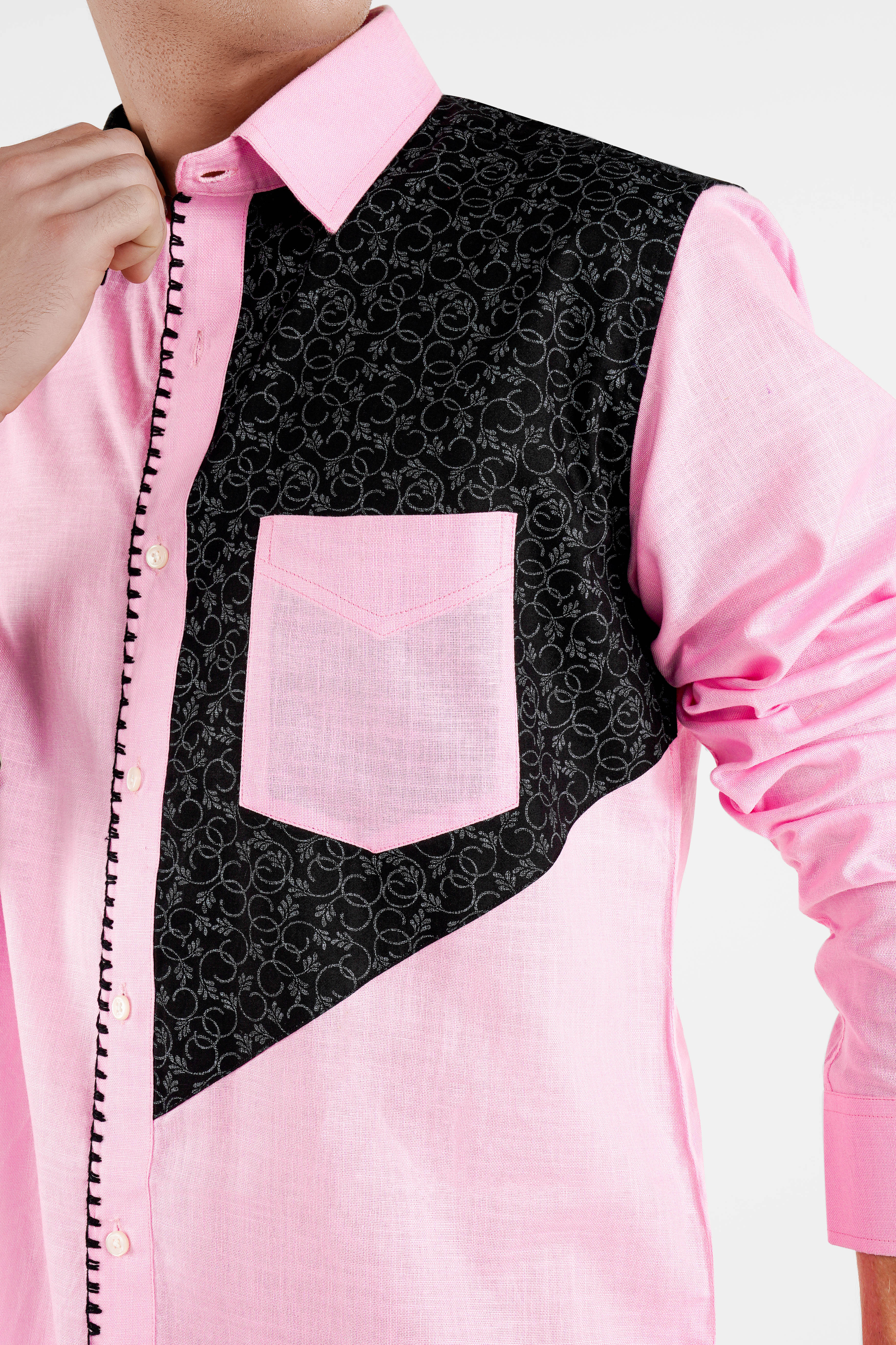 Chantilly Pink and Onyx Black Hand Embroidered Dobby Premium Giza Cotton Designer Shirt