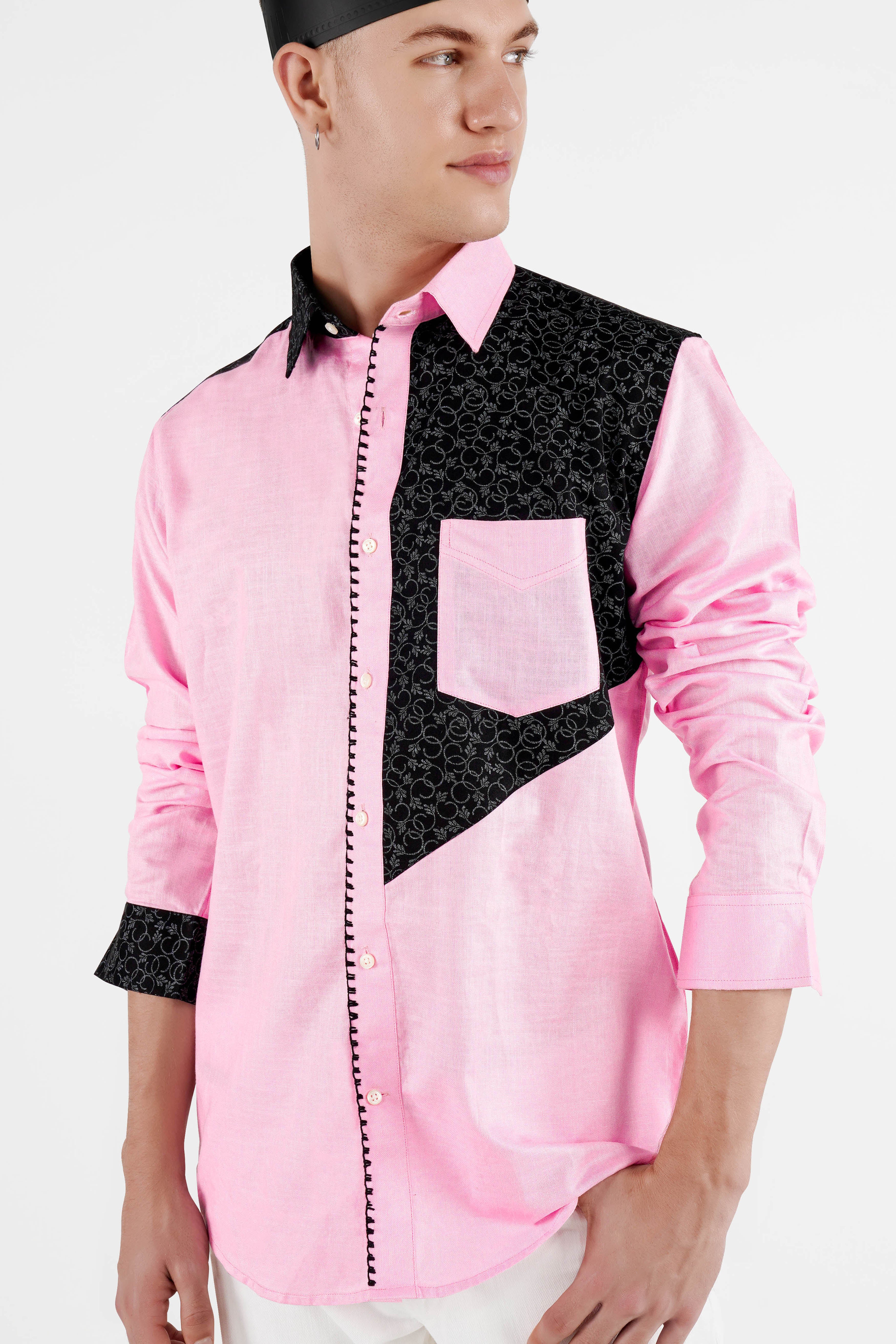 Chantilly Pink and Onyx Black Hand Embroidered Dobby Premium Giza Cotton Designer Shirt