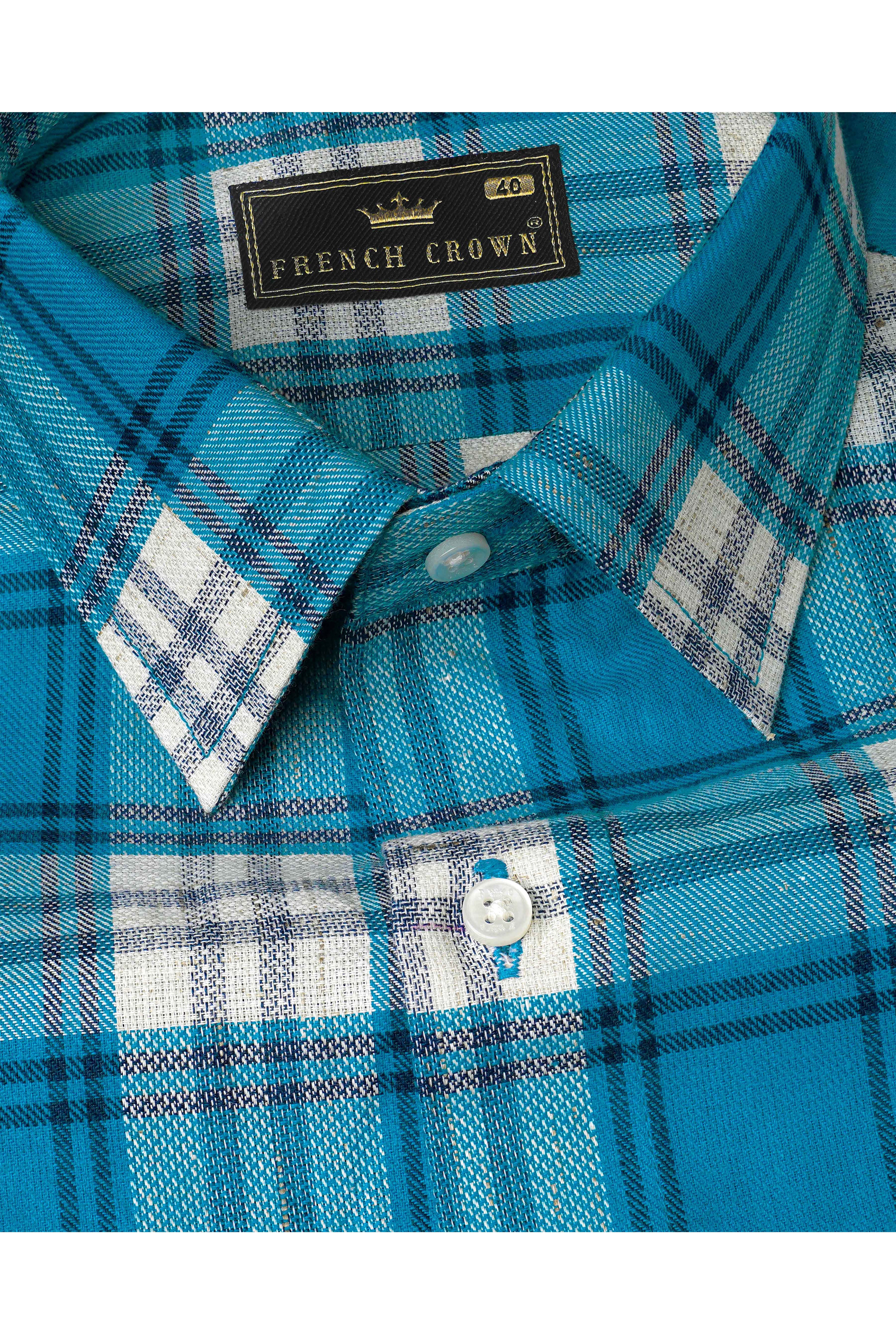 Carolina with Prussian Blue and White Checkered Funky Printed Dobby Premium Giza Cotton Designer Shirt