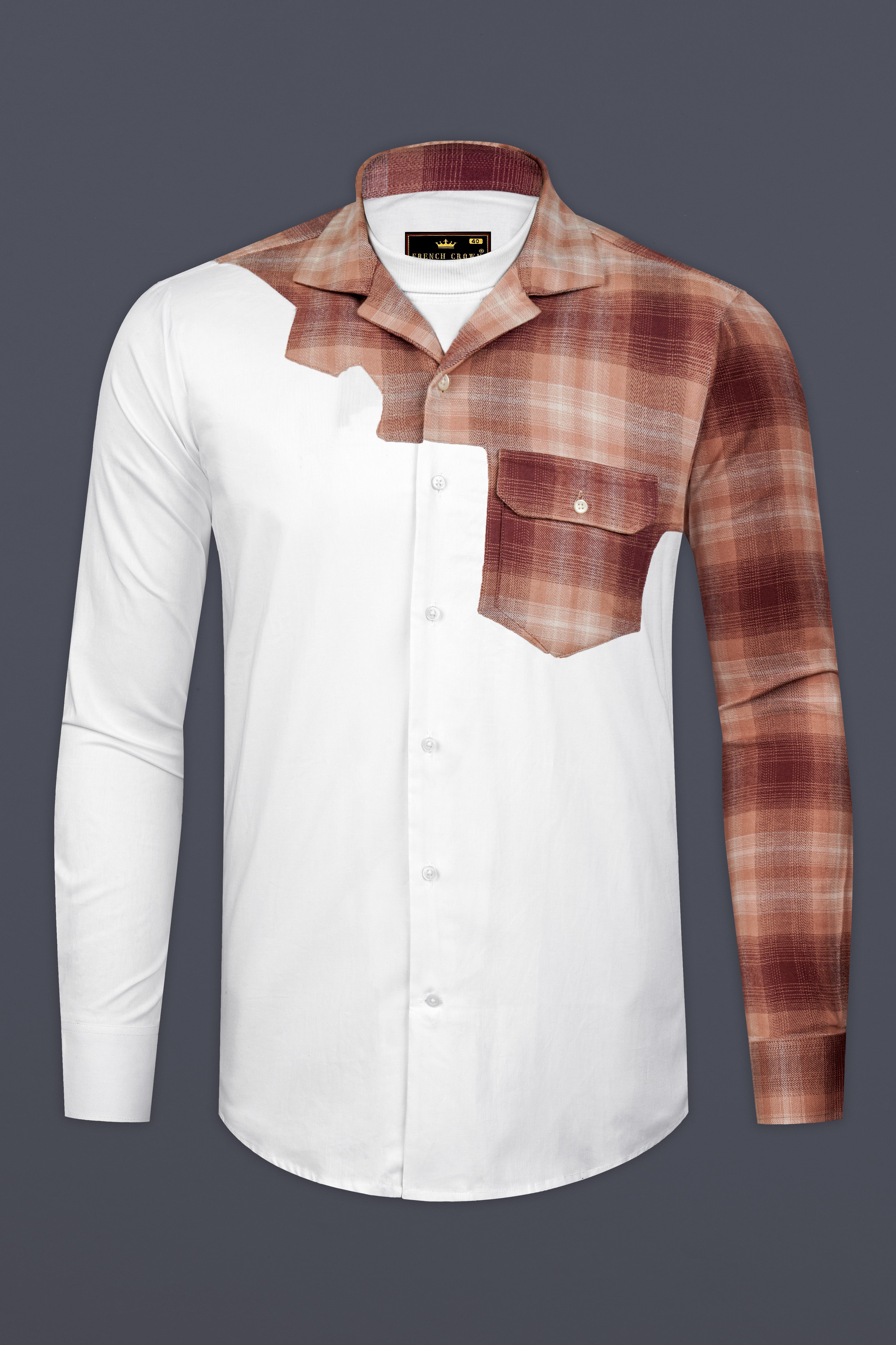 Bright White with Bizarre Brown Checkered Chambray Designer Shirt