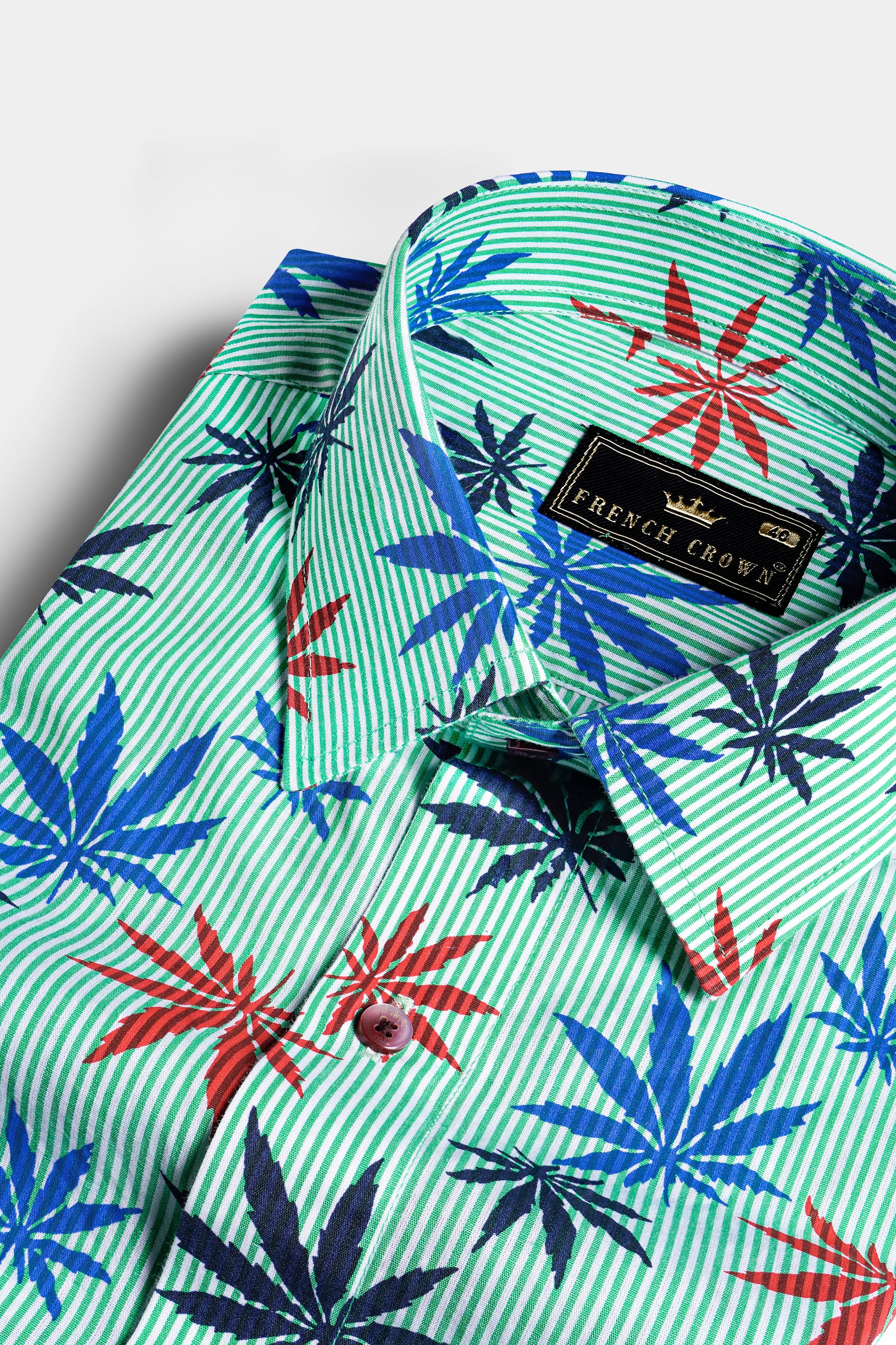 Pastel Green Striped with  Multicolour Leaves Printed and Saturn Patchwork Premium Cotton Designer Shirt