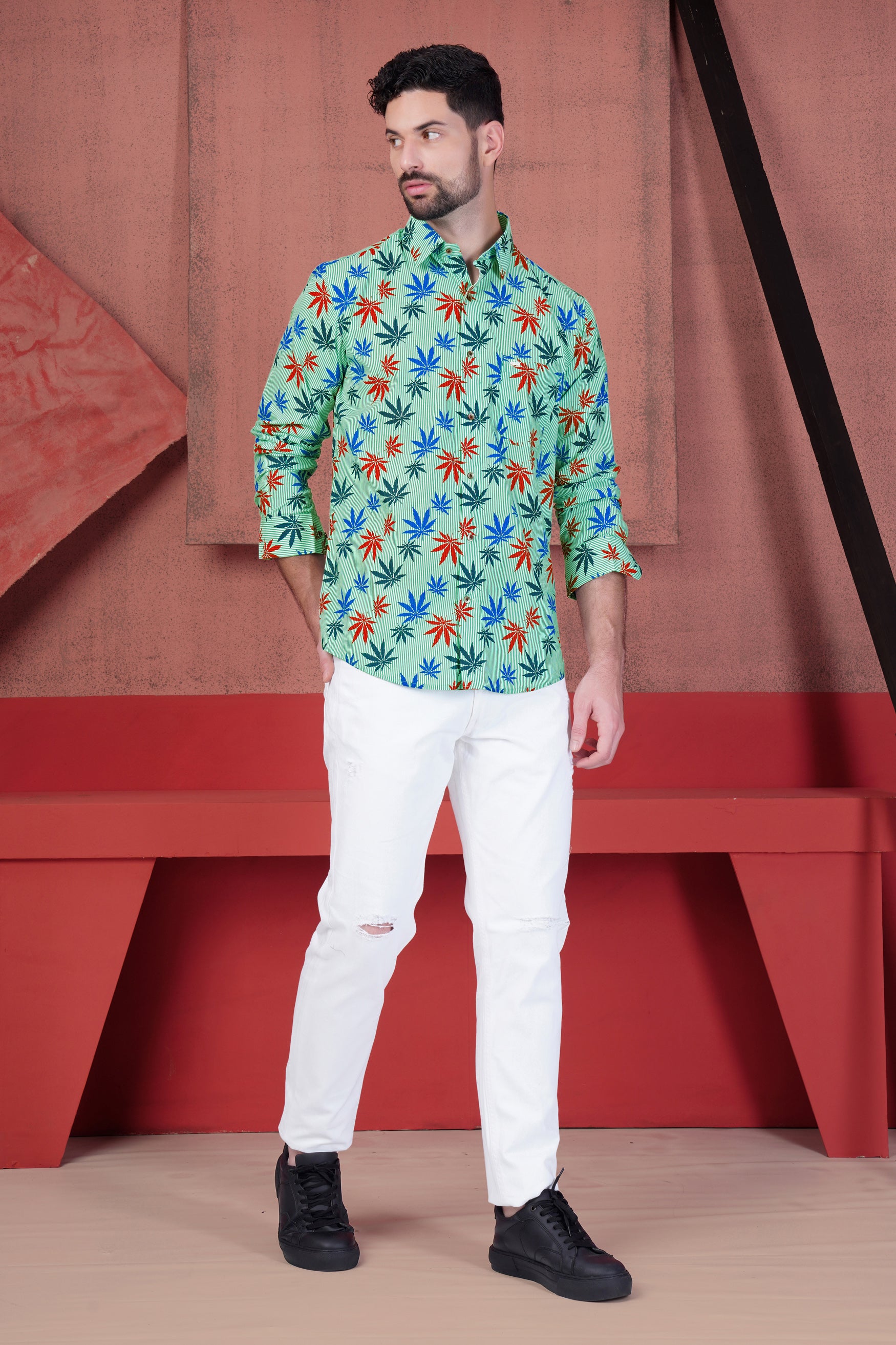 Pastel Green Striped with  Multicolour Leaves Printed and Saturn Patchwork Premium Cotton Designer Shirt